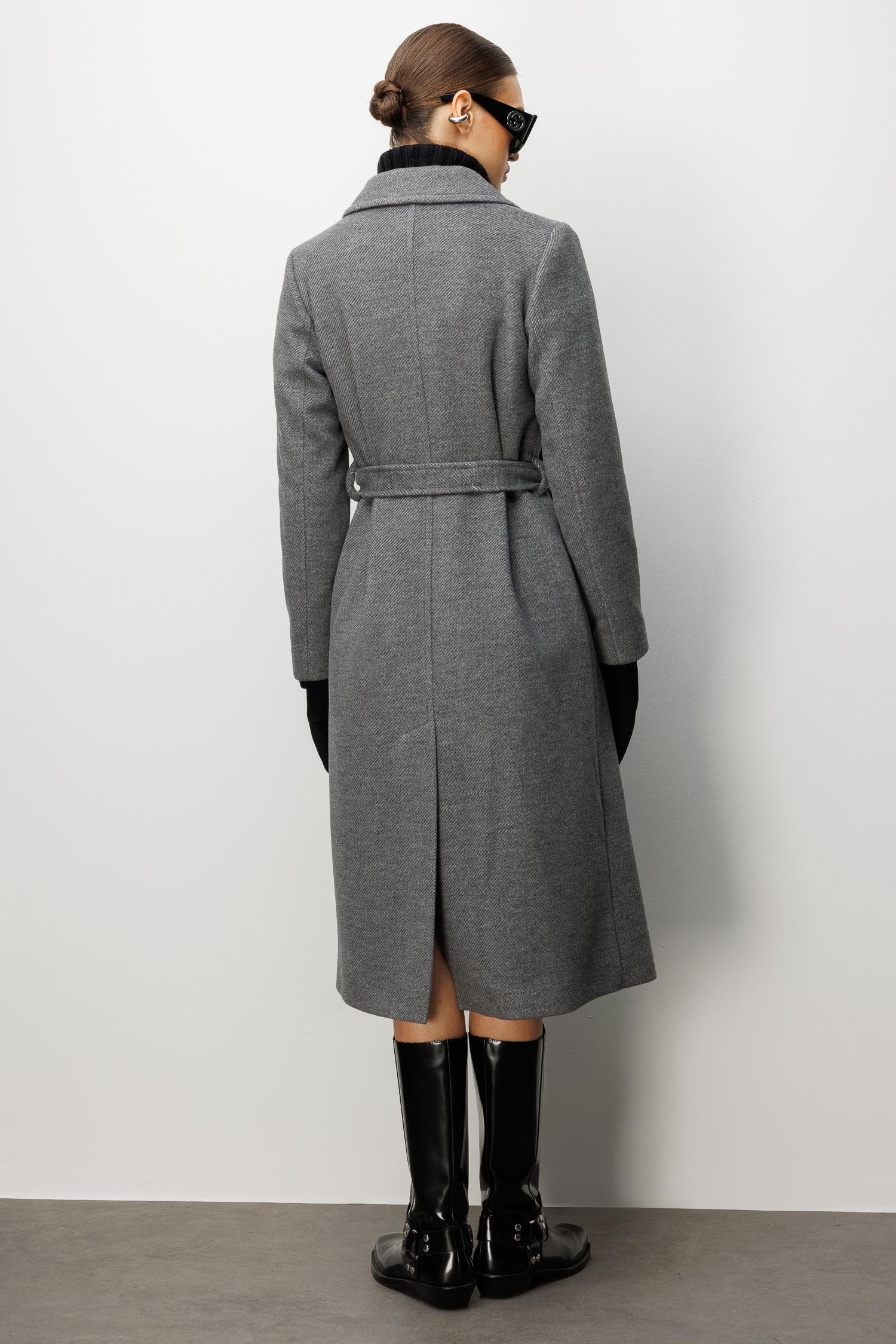 Modailgi  Kuşaklı Diyagonal Çizgili Kruvaze Kaban Gri