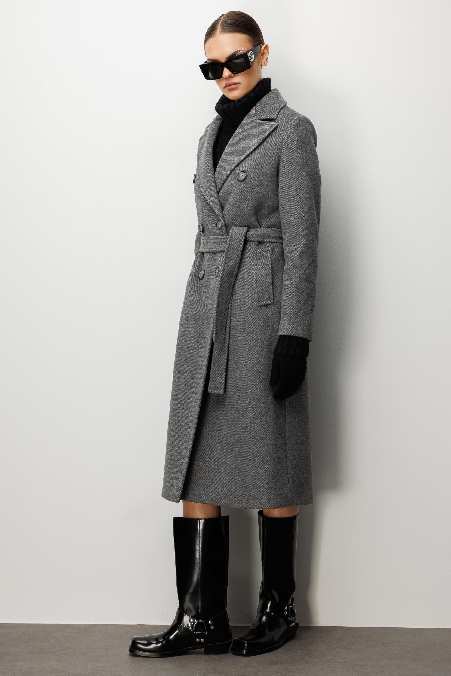 Modailgi  Kuşaklı Diyagonal Çizgili Kruvaze Kaban Gri