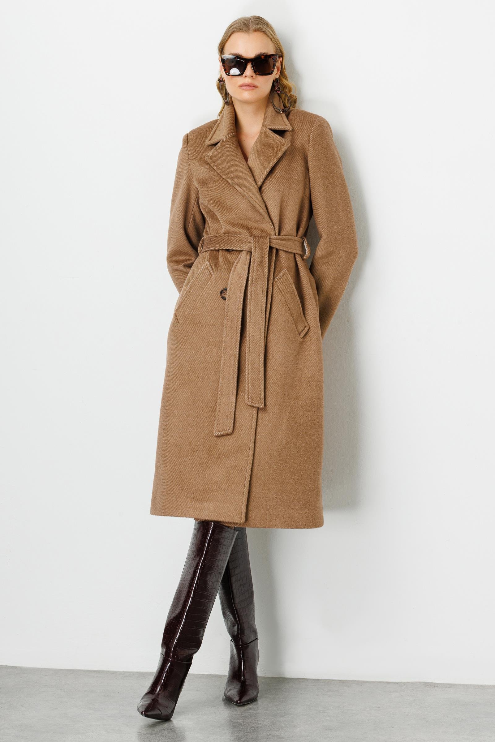 【美品】エムアイレ　TBトゥウィッチン52ms Modailgi Kuşaklı Kruvaze Diyagonal Çizgili Kaban Camel