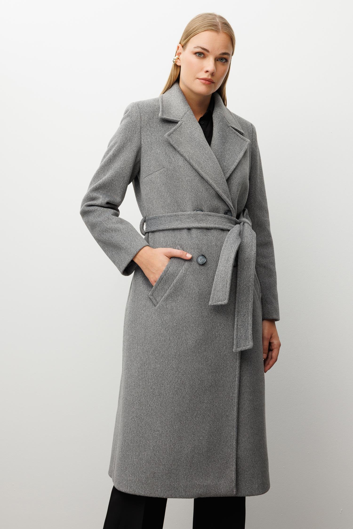 Modailgi  Kuşaklı Kruvaze Dört Düğmeli Kaban Gri