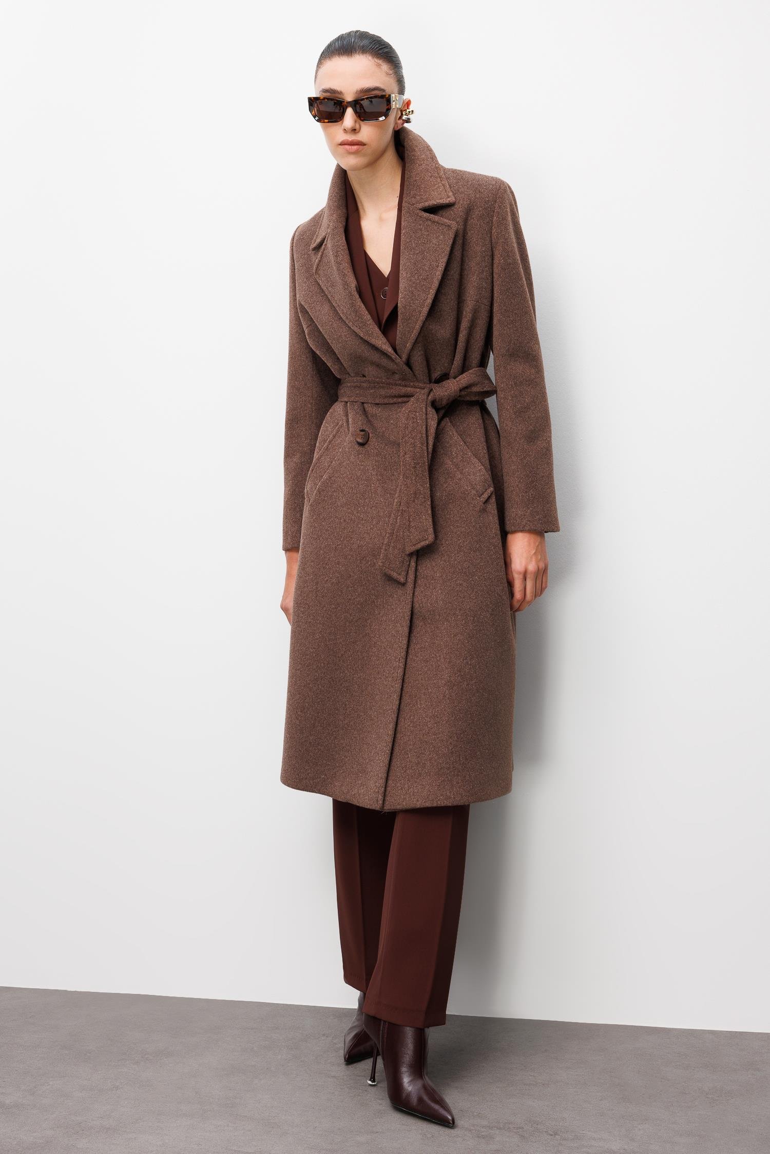 Modailgi  Kuşaklı Kruvaze Dört Düğmeli Kaban Kahve