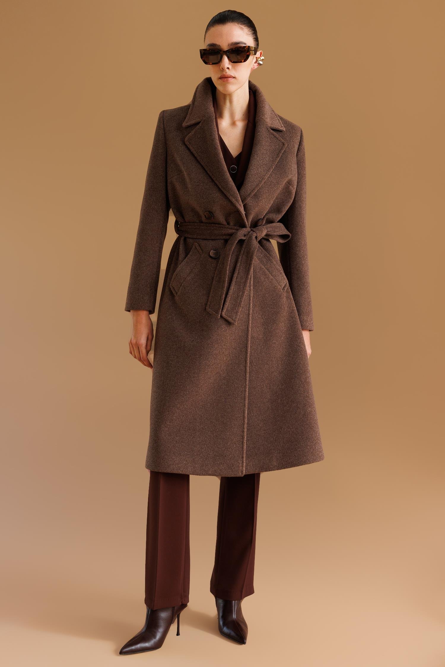 Modailgi  Kuşaklı Kruvaze Dört Düğmeli Kaban Kahve