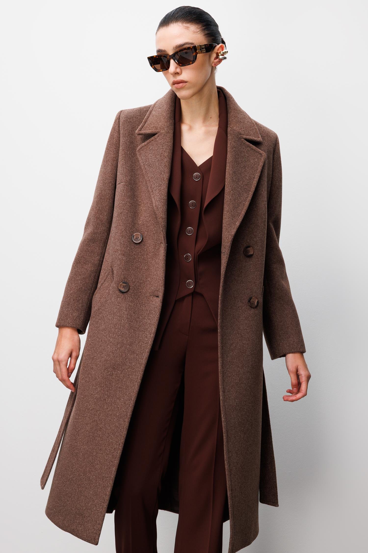 Modailgi  Kuşaklı Kruvaze Dört Düğmeli Kaban Kahve