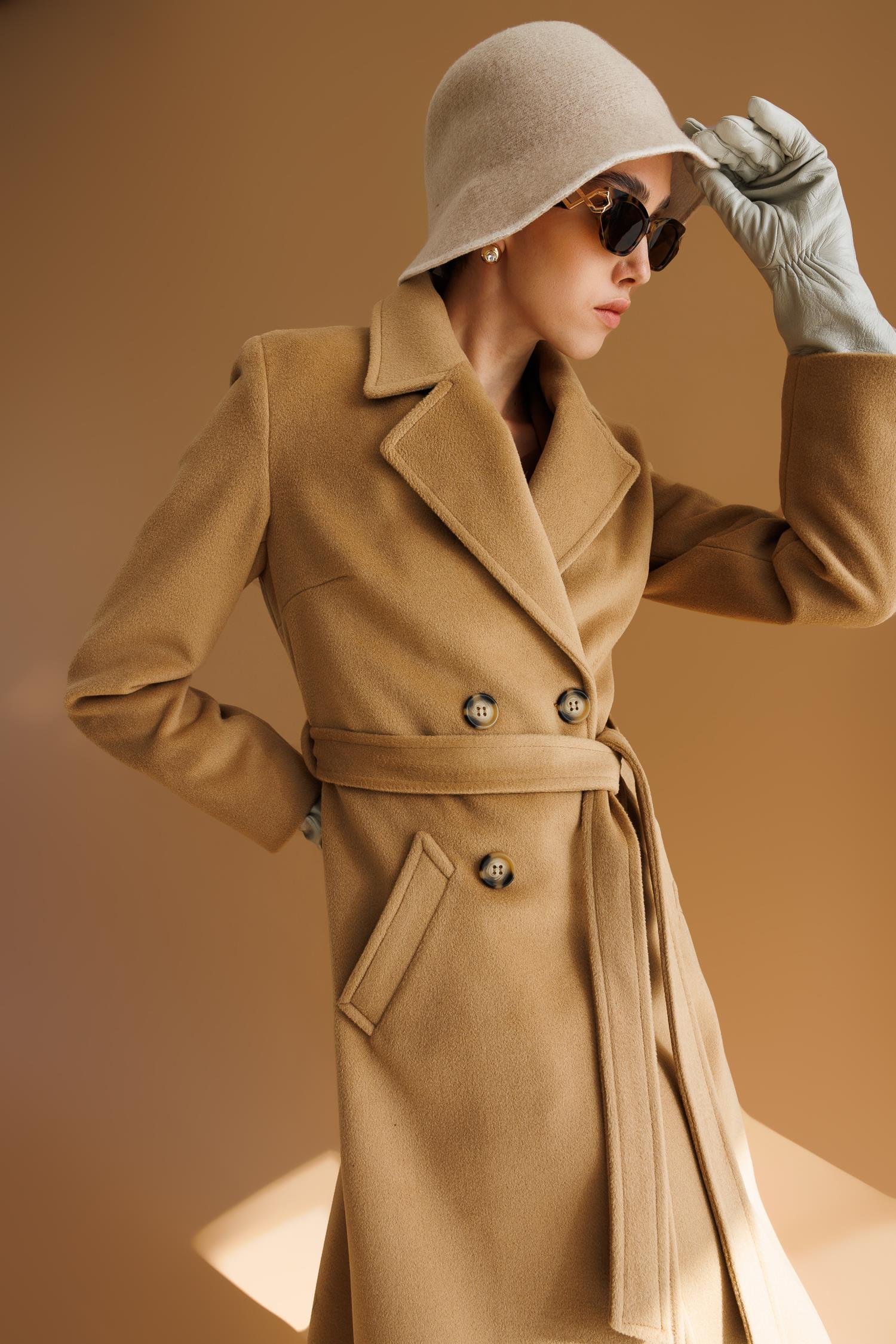 Modailgi  Kuşaklı Kruvaze Dört Düğmeli Kaban Camel