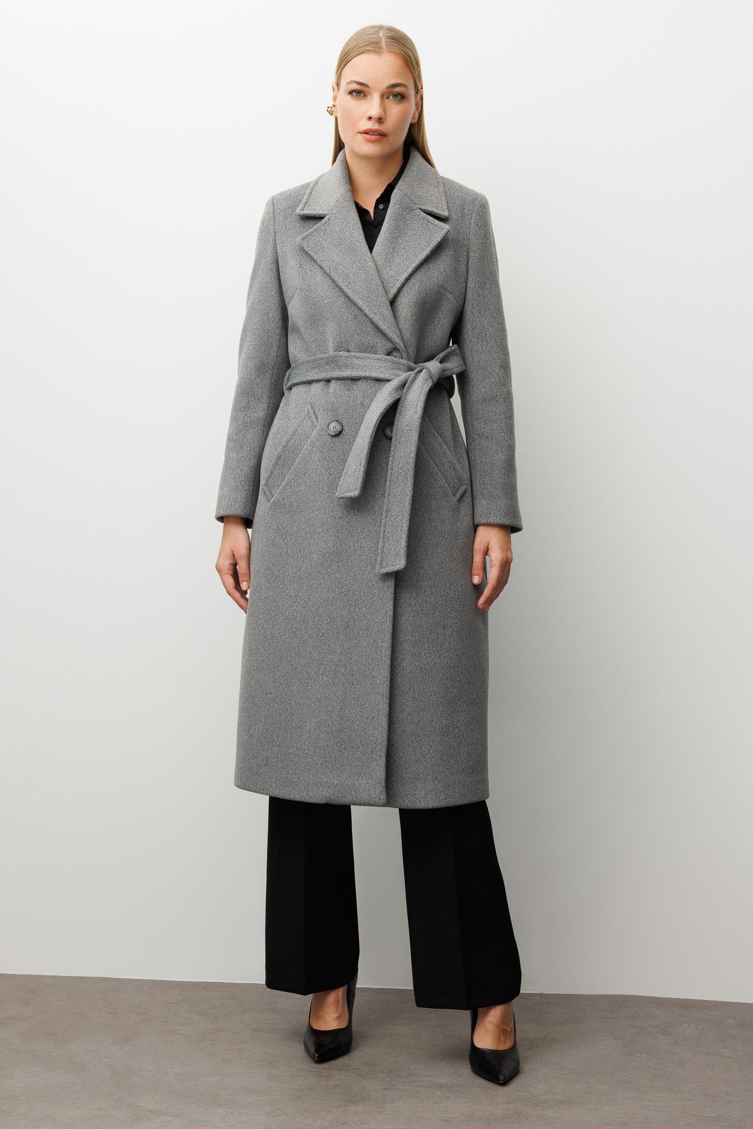 Modailgi  Kuşaklı Kruvaze Dört Düğmeli Kaban Gri