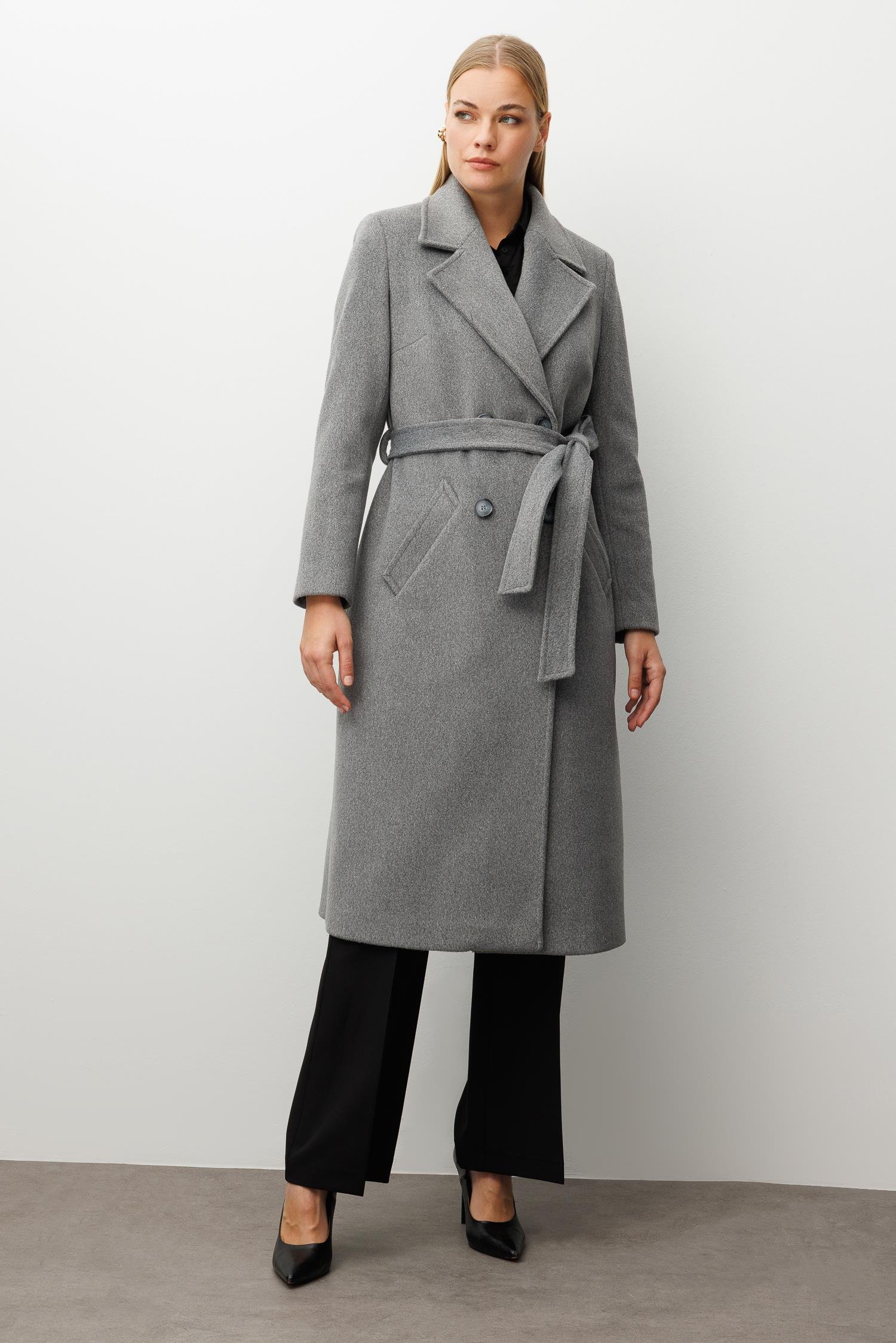 Modailgi  Kuşaklı Kruvaze Dört Düğmeli Kaban Gri