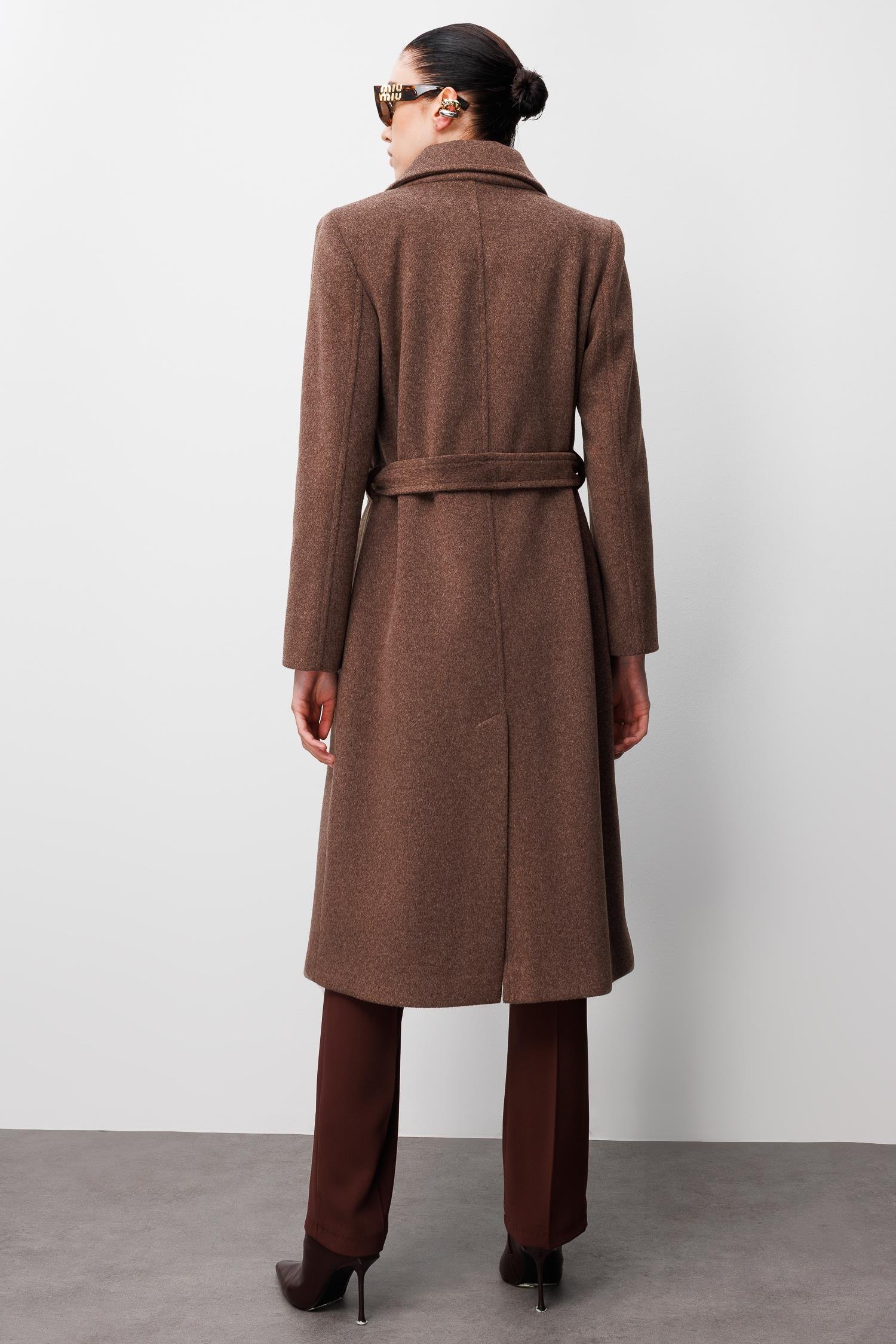 Modailgi  Kuşaklı Kruvaze Dört Düğmeli Kaban Kahve