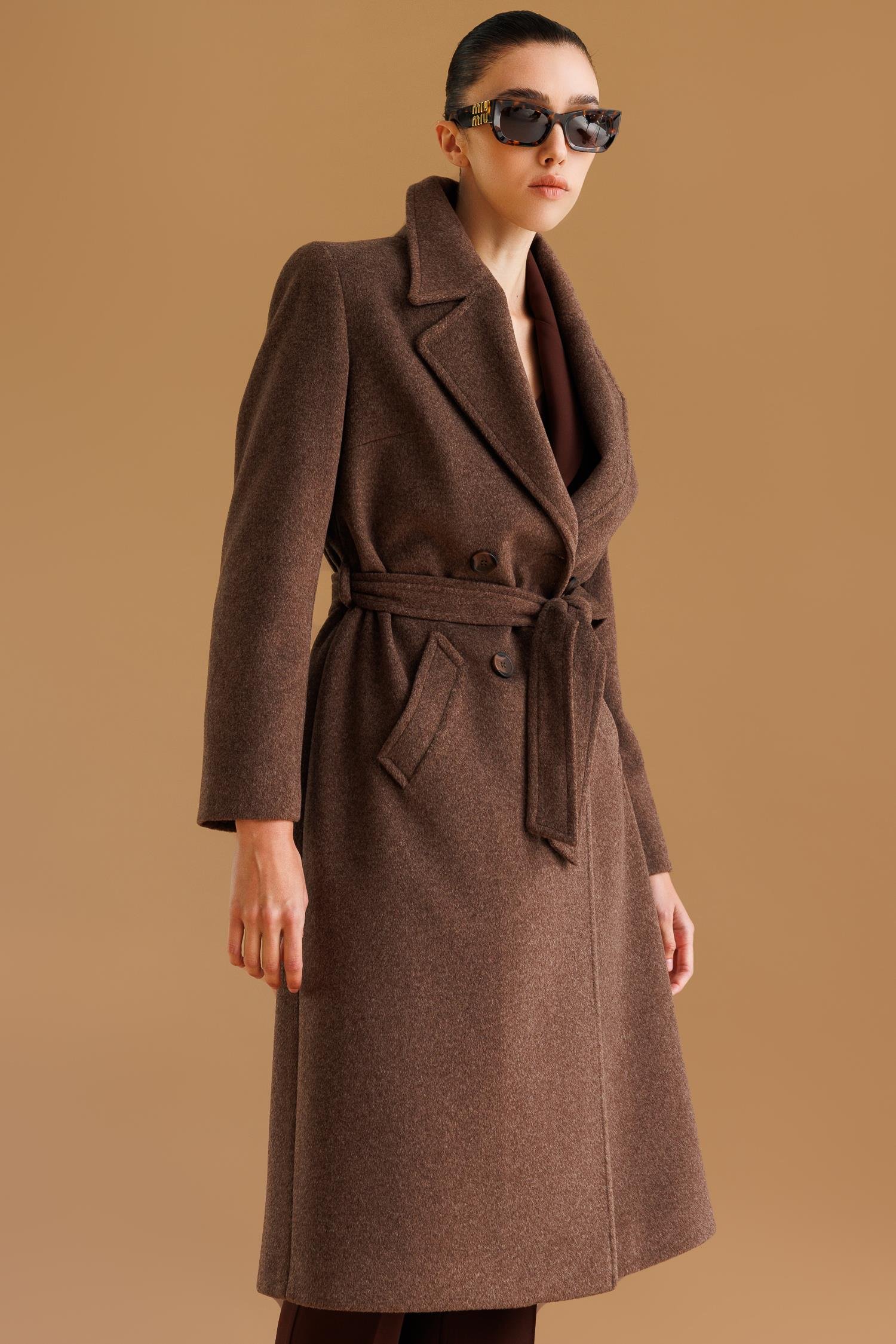 Modailgi  Kuşaklı Kruvaze Dört Düğmeli Kaban Kahve