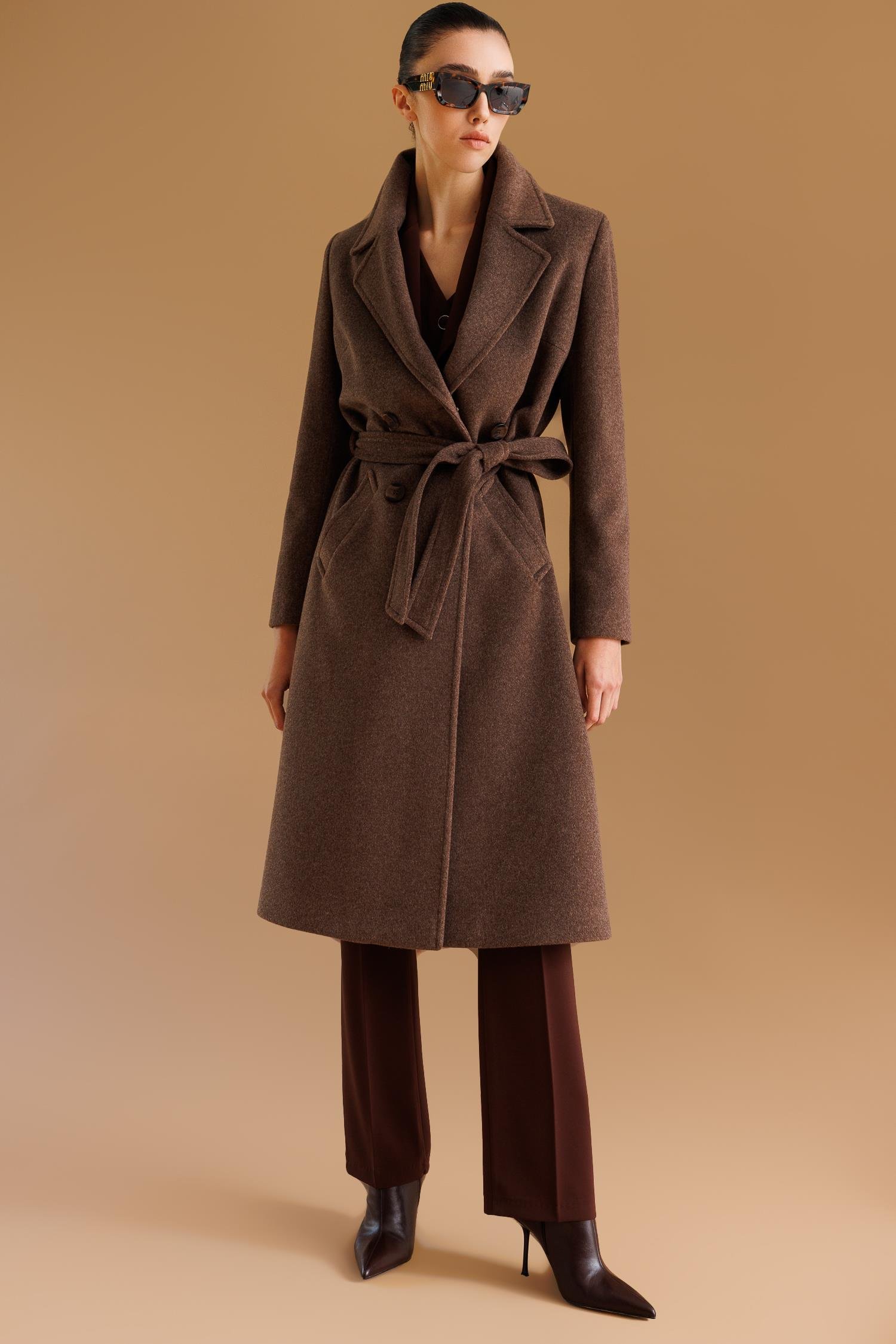 Modailgi  Kuşaklı Kruvaze Dört Düğmeli Kaban Kahve