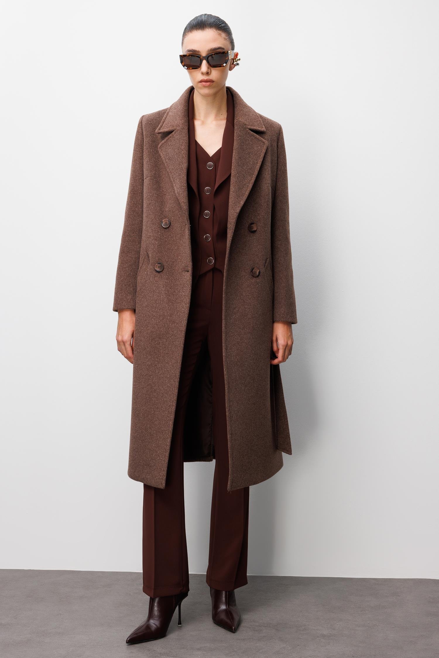 Modailgi  Kuşaklı Kruvaze Dört Düğmeli Kaban Kahve