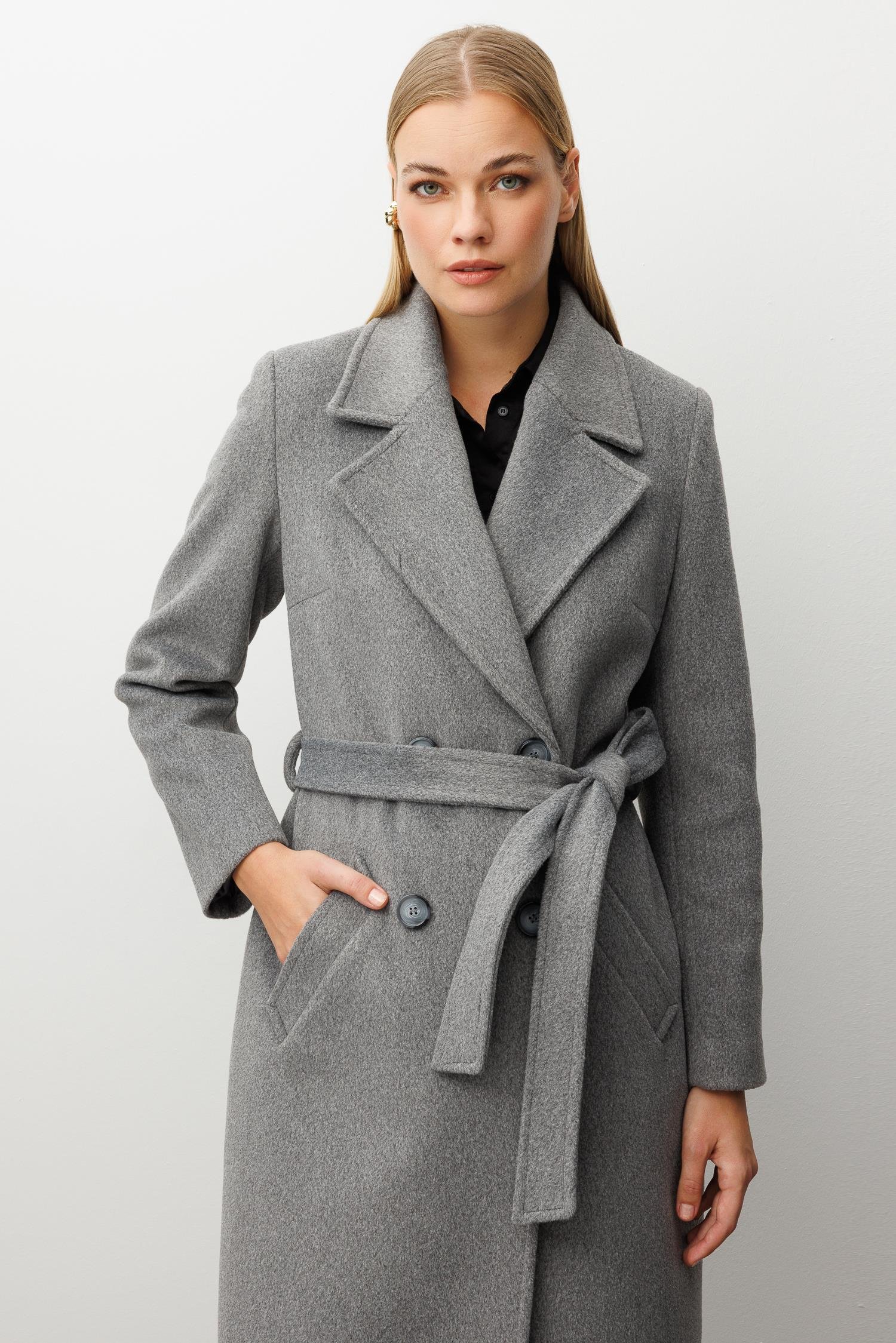 Modailgi  Kuşaklı Kruvaze Dört Düğmeli Kaban Gri