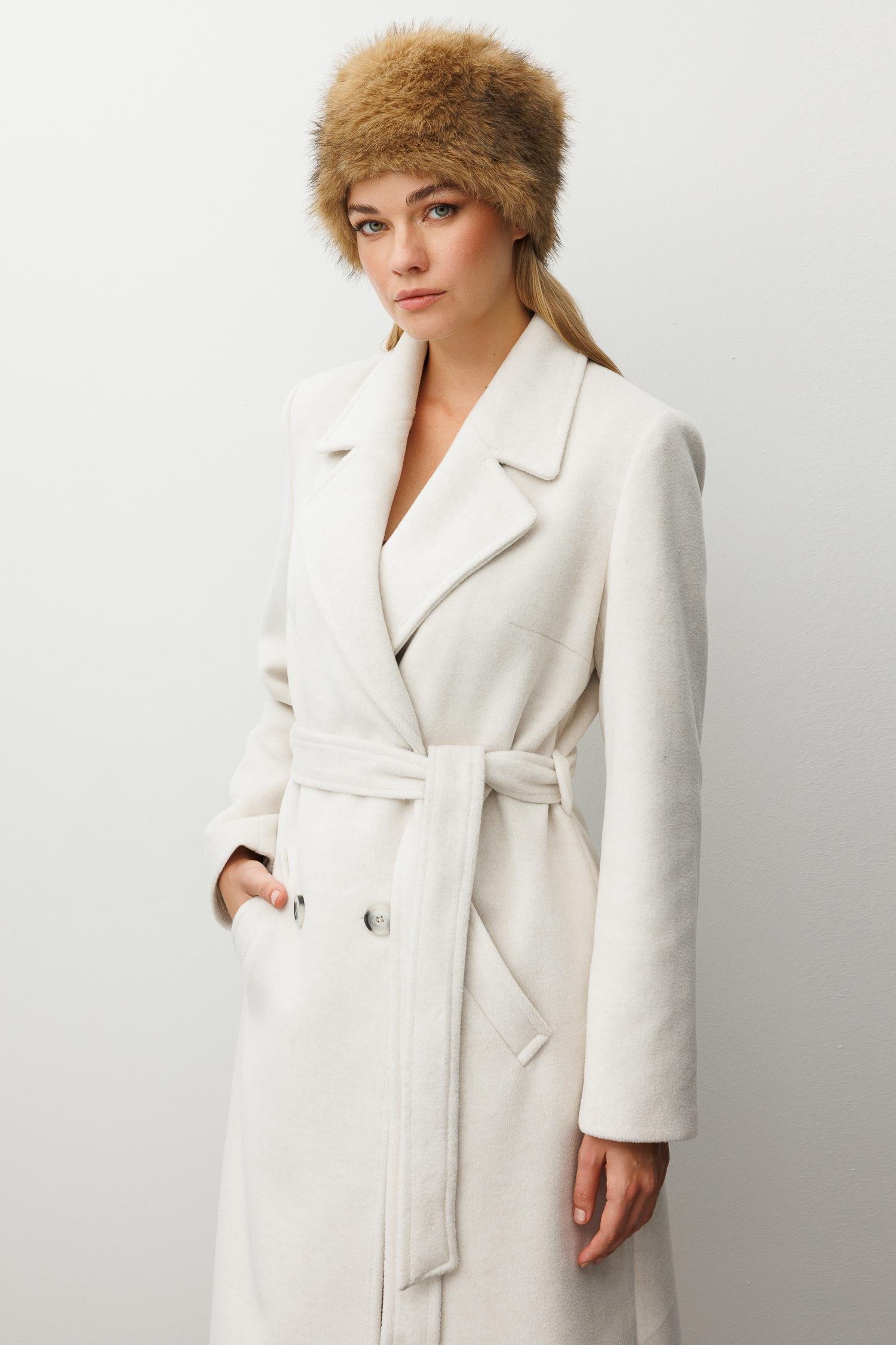 Modailgi  Kuşaklı Kruvaze Dört Düğmeli Kaban Kemik