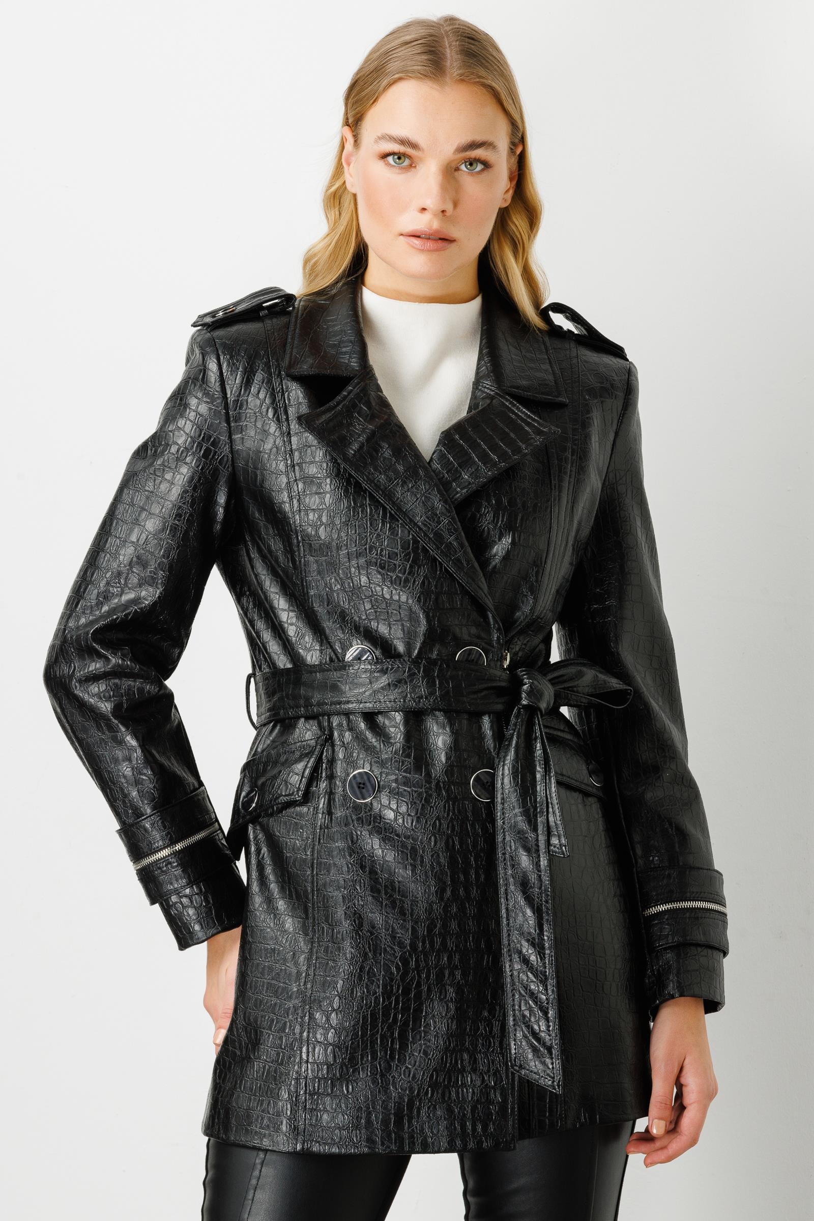 Modailgi  Kuşaklı Kruvaze Trençkot Siyah