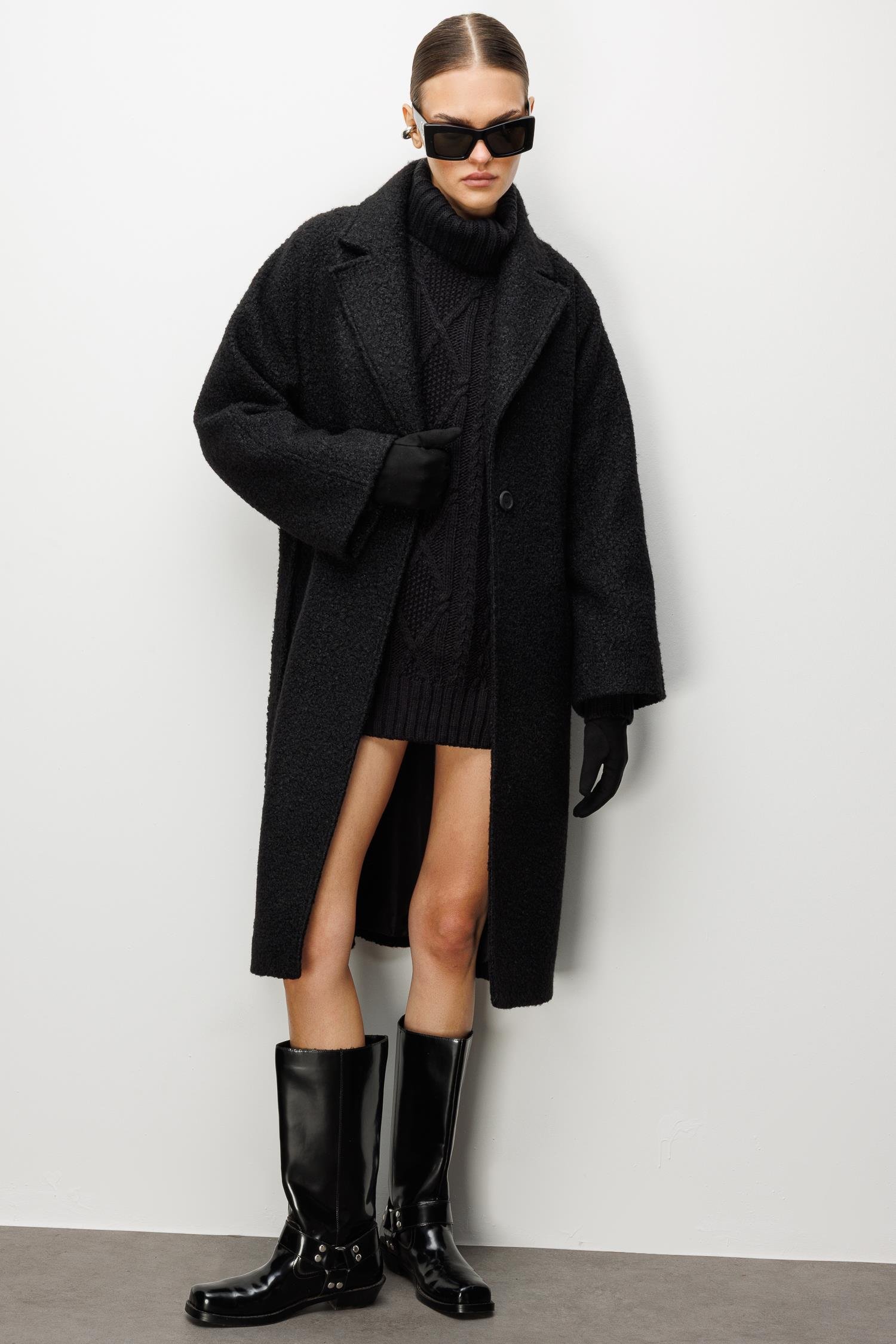 Modailgi  Kuşaklı Tek Düğmeli Buklet Kaban Siyah