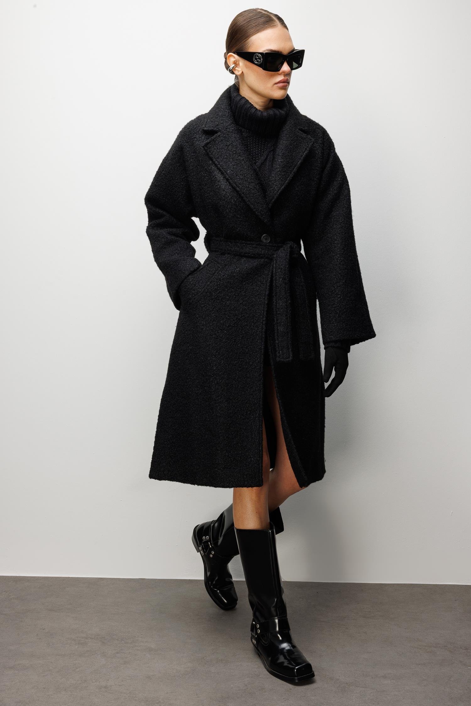 Modailgi  Kuşaklı Tek Düğmeli Buklet Kaban Siyah