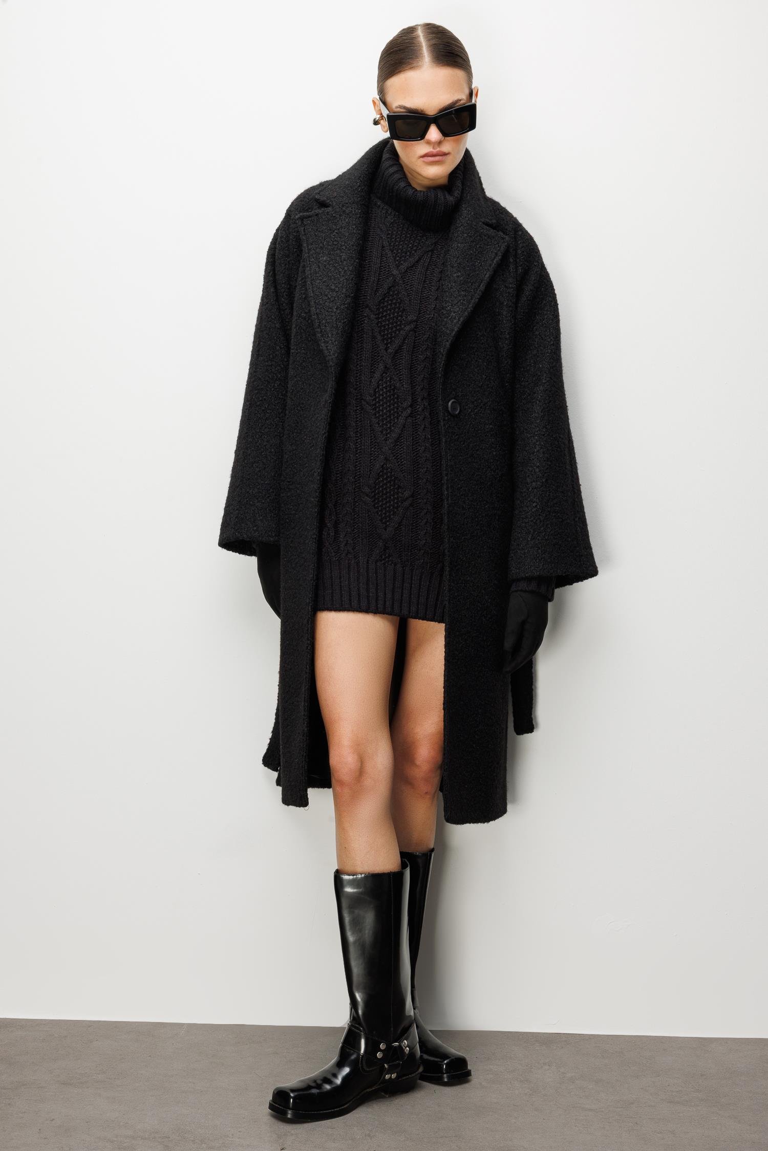 Modailgi  Kuşaklı Tek Düğmeli Buklet Kaban Siyah