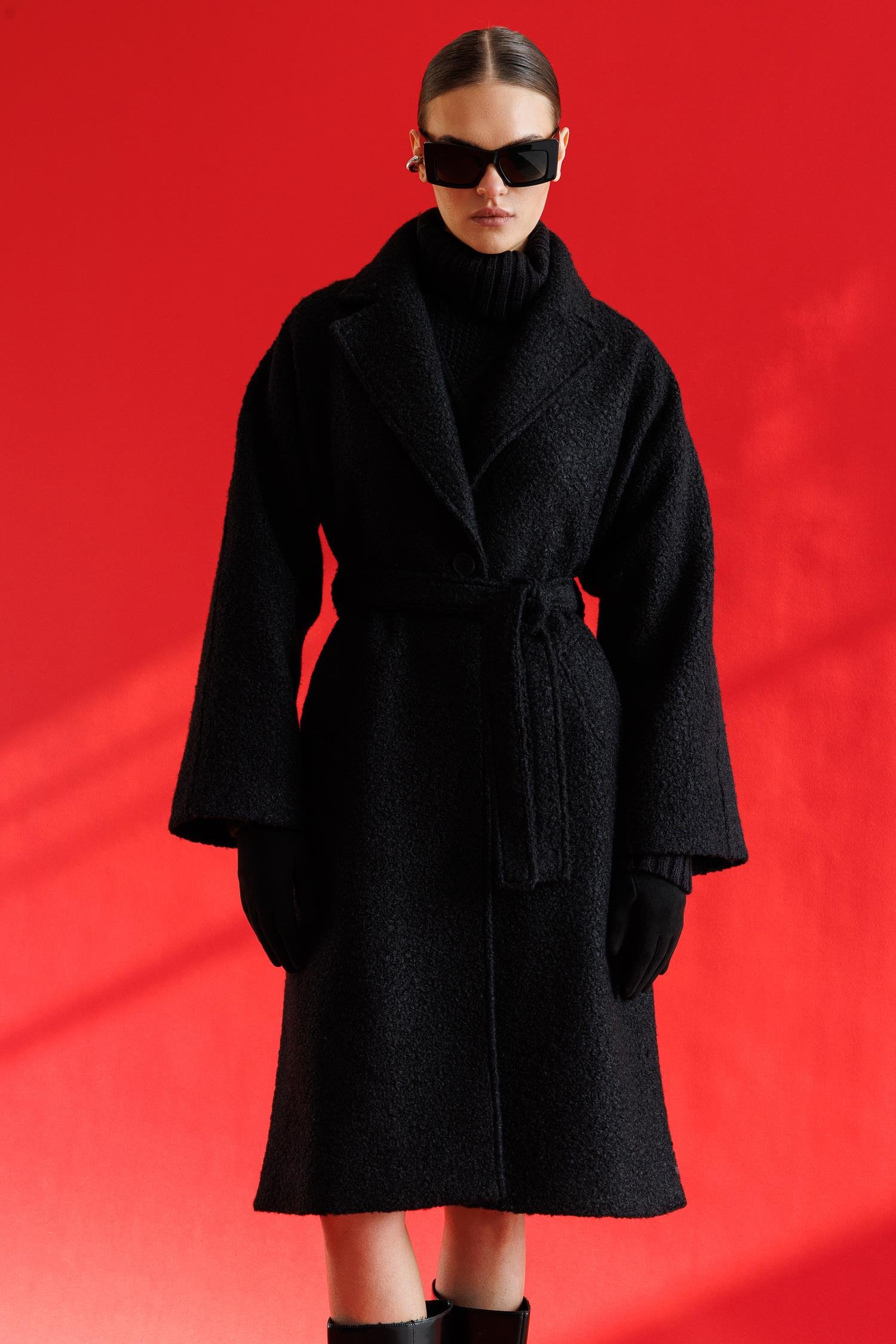 Modailgi  Kuşaklı Tek Düğmeli Buklet Kaban Siyah