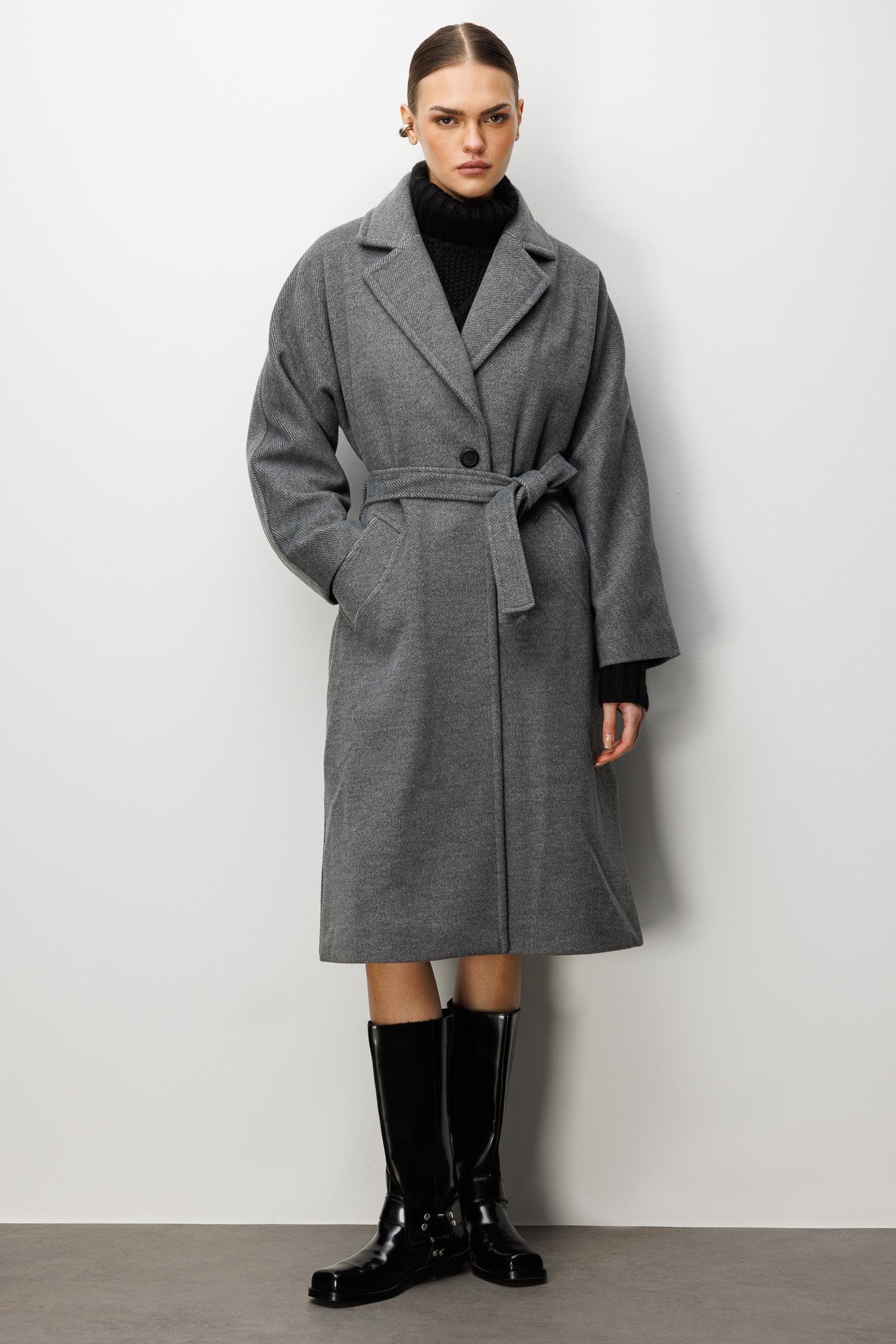 Modailgi  Kuşaklı Tek Düğmeli Diyagonal Çizgili Kaşe Kaban Antrasit