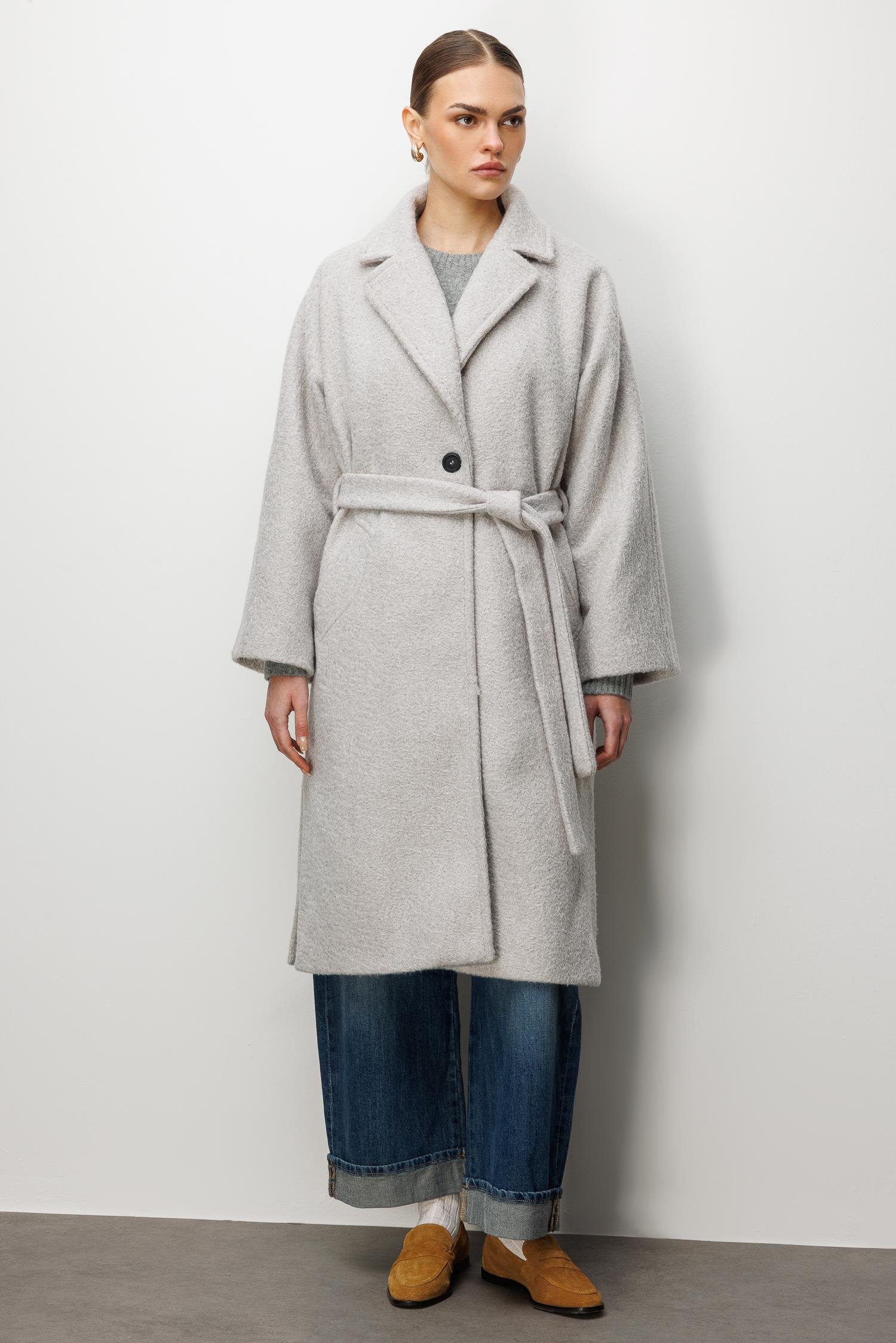 Modailgi  Kuşaklı Tek Düğmeli Diyagonal Çizgili Kaşe Kaban Gri