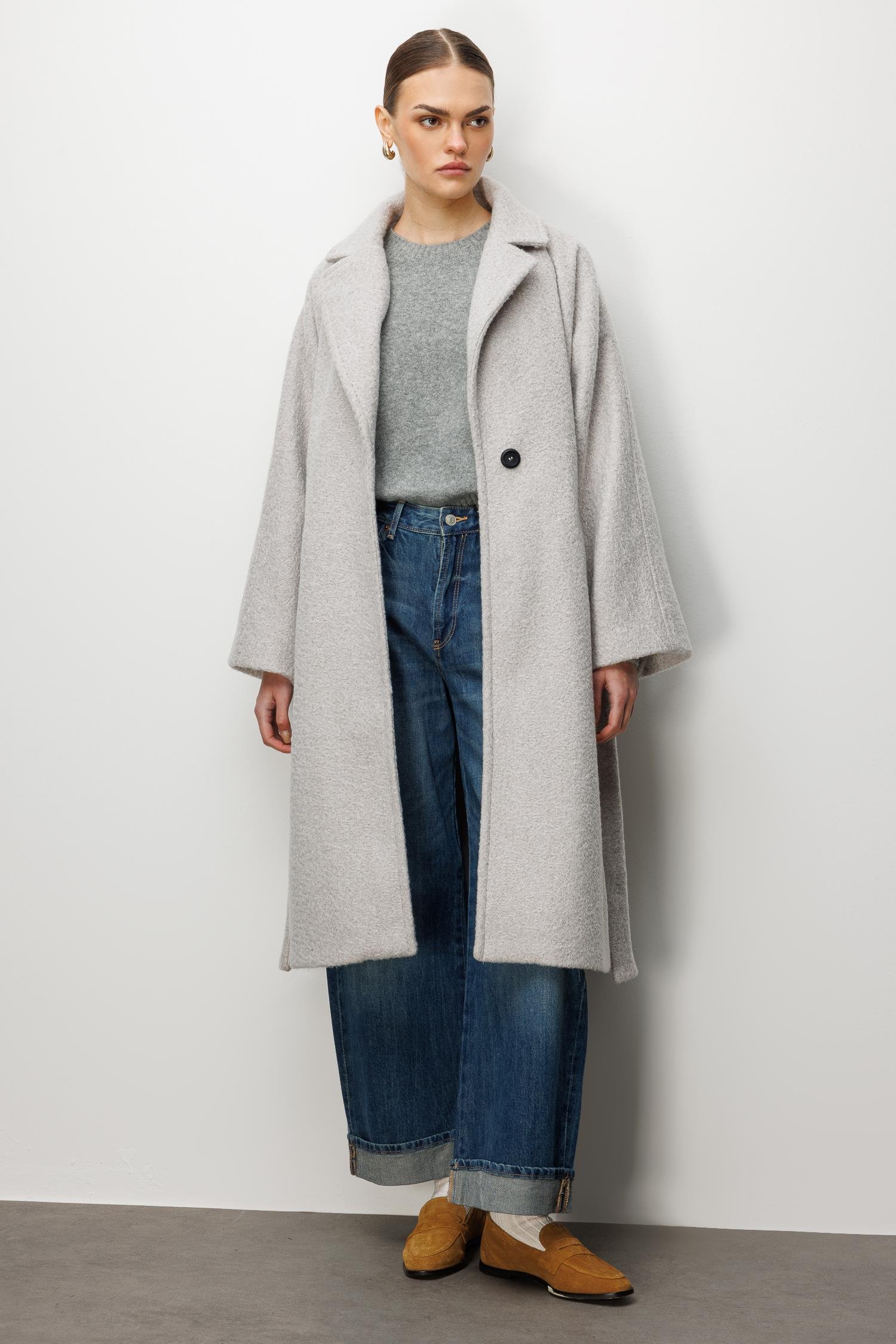 Modailgi  Kuşaklı Tek Düğmeli Diyagonal Çizgili Kaşe Kaban Gri