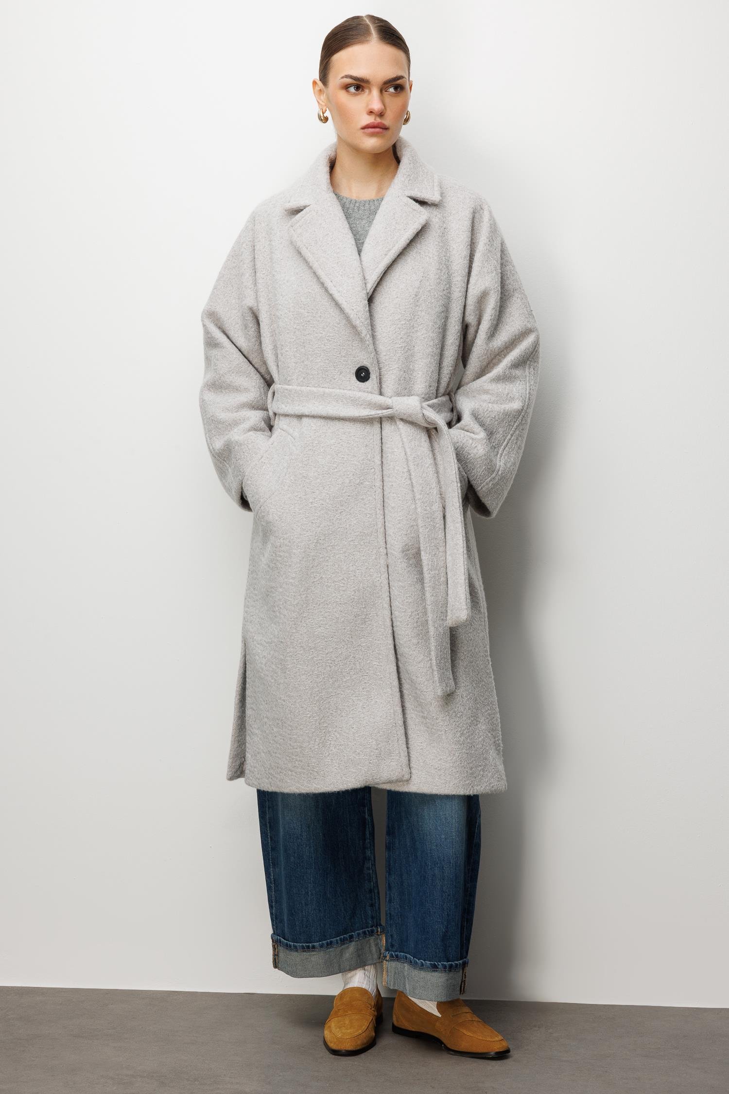 Modailgi  Kuşaklı Tek Düğmeli Diyagonal Çizgili Kaşe Kaban Gri