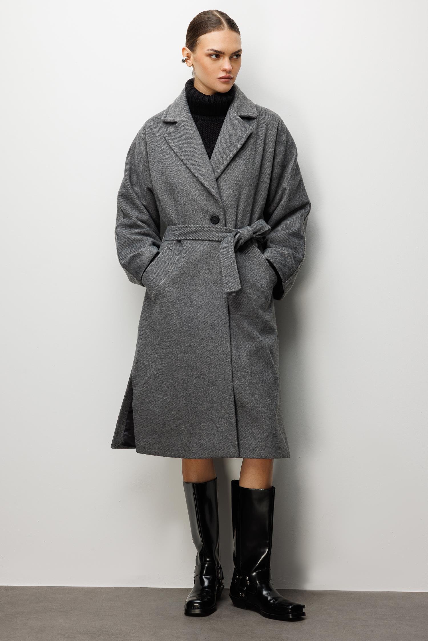 Modailgi  Kuşaklı Tek Düğmeli Diyagonal Çizgili Kaşe Kaban Antrasit