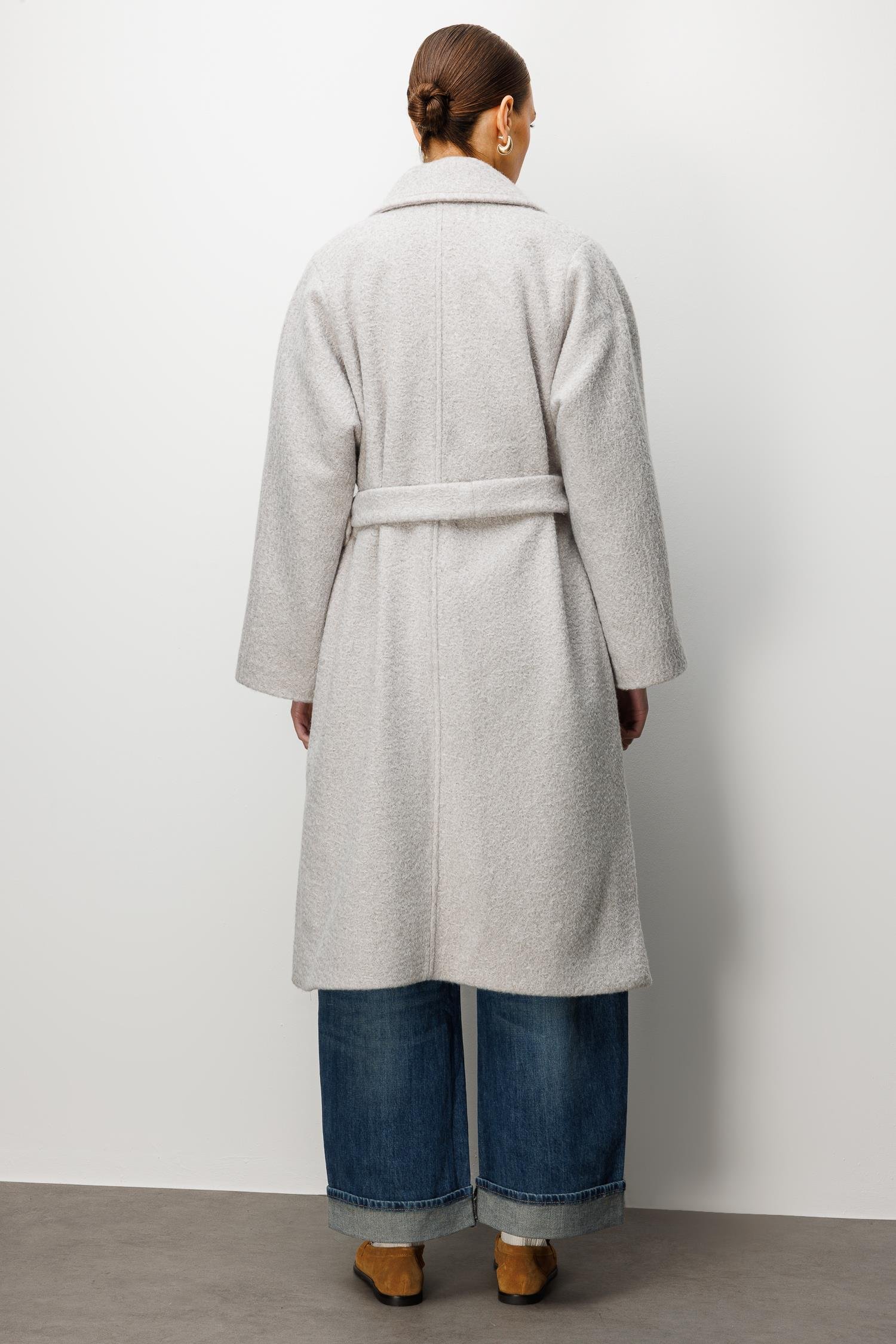 Modailgi  Kuşaklı Tek Düğmeli Diyagonal Çizgili Kaşe Kaban Gri