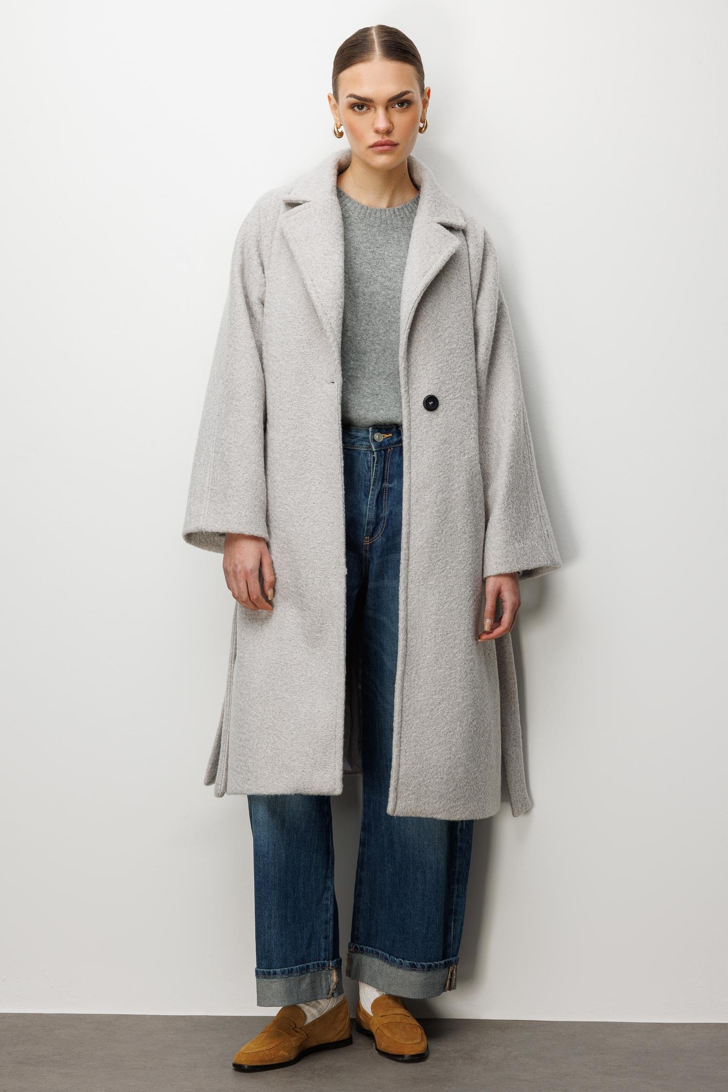 Modailgi  Kuşaklı Tek Düğmeli Diyagonal Çizgili Kaşe Kaban Gri