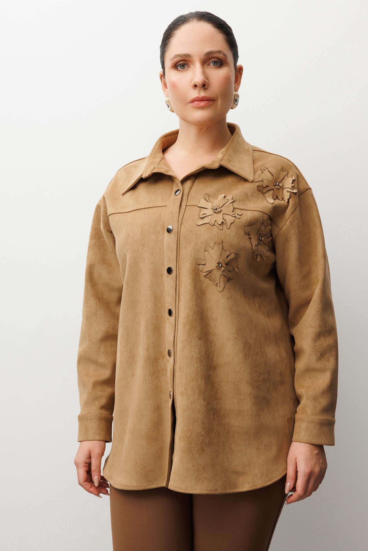 Modailgi  Lazer Çiçek Kesim Süet Gömlek Vizon