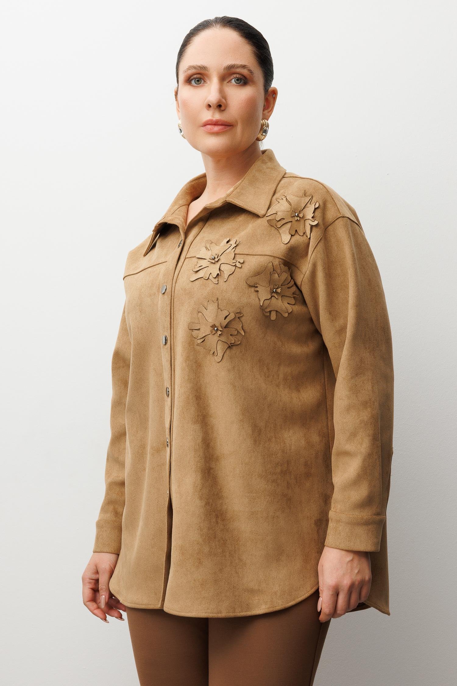 Modailgi  Lazer Çiçek Kesim Süet Gömlek Vizon