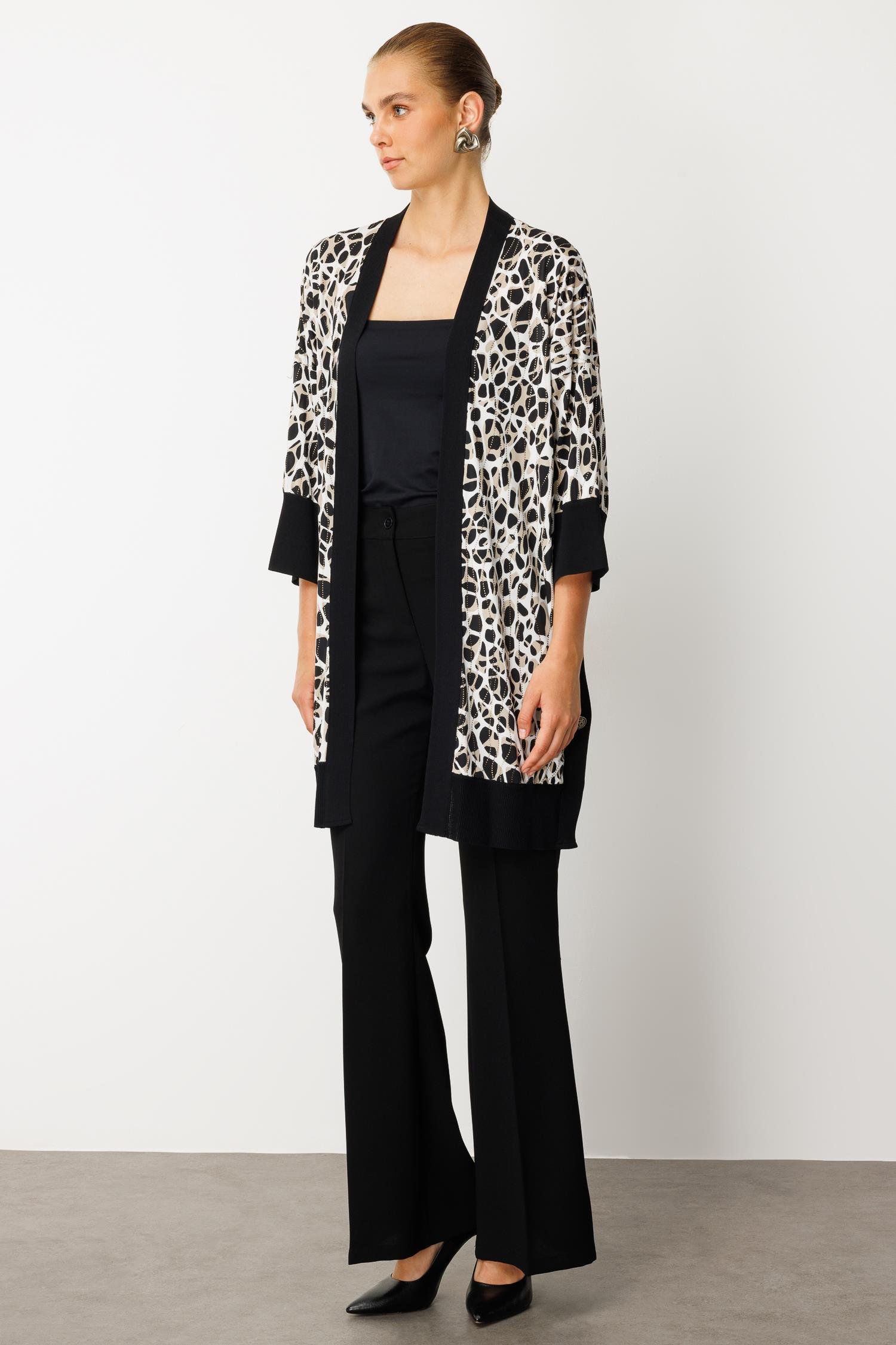 Modailgi  Leopar Desen Düğme Detaylı Ribanalı Uzun Ceket Leopar