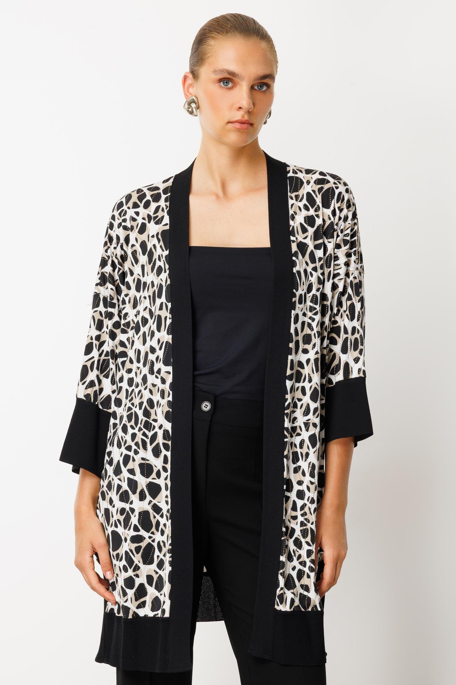 Modailgi  Leopar Desen Düğme Detaylı Ribanalı Uzun Ceket Leopar