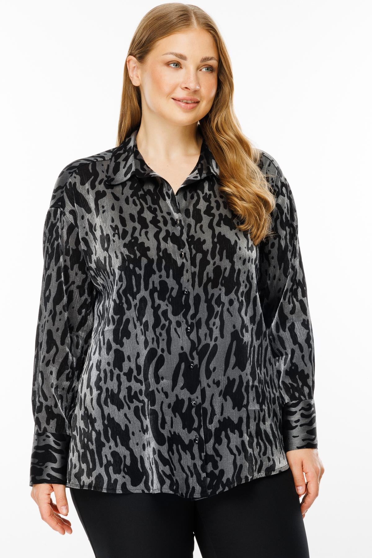 Modailgi  Leopar Desen Oversize Gömlek Antrasit