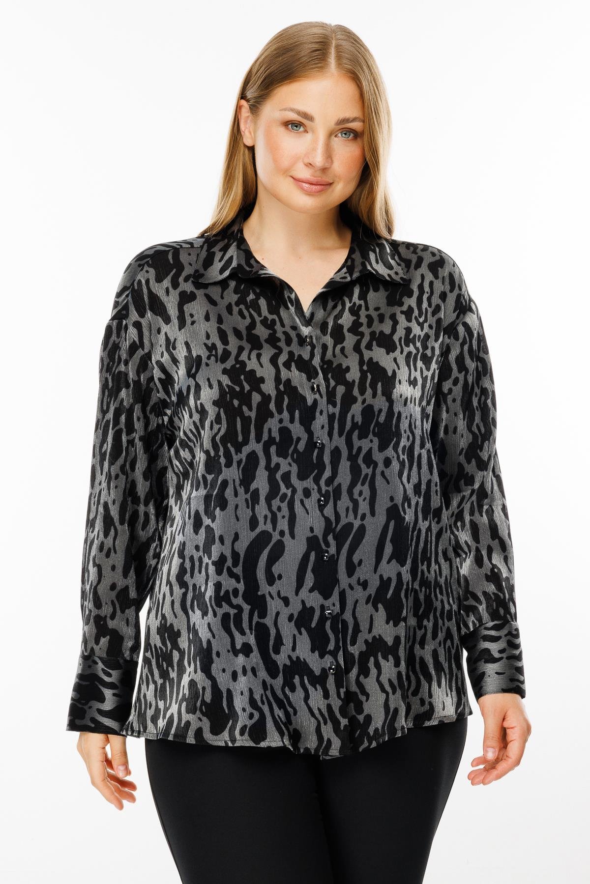 Modailgi  Leopar Desen Oversize Gömlek Antrasit