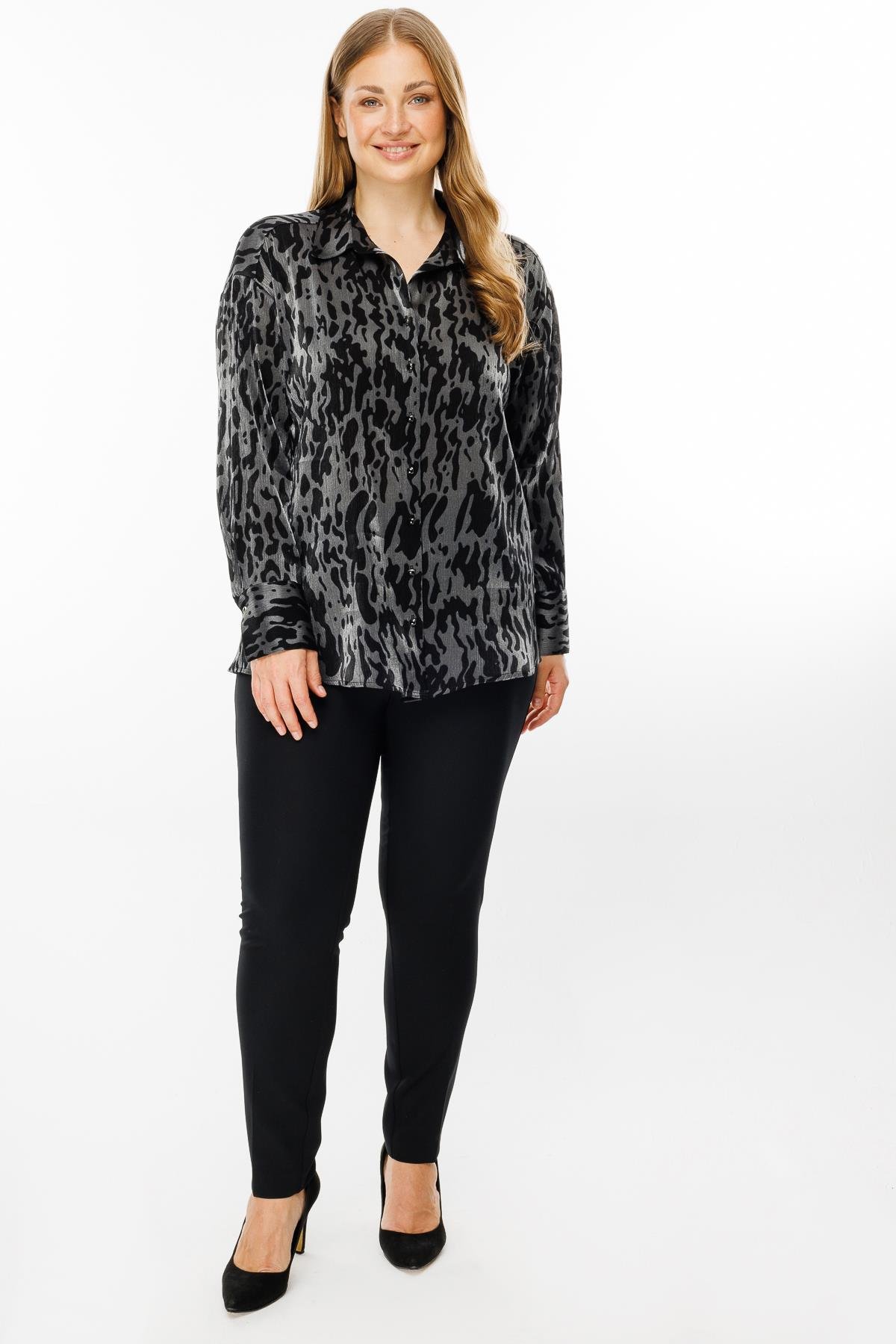 Modailgi  Leopar Desen Oversize Gömlek Antrasit
