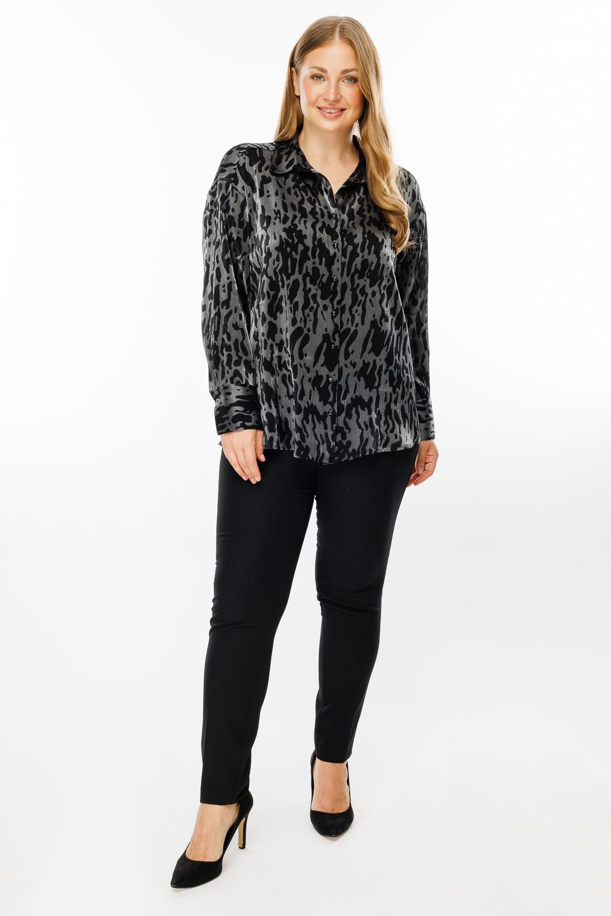 Modailgi  Leopar Desen Oversize Gömlek Antrasit