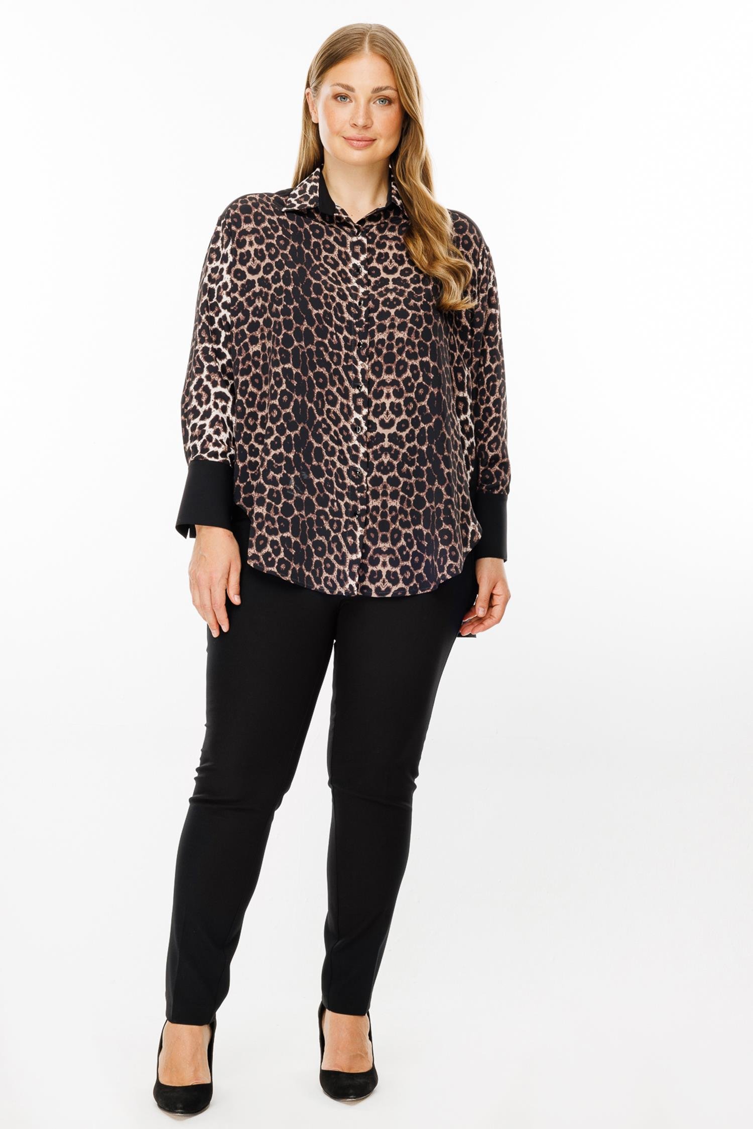 Modailgi  Leopar Desen Siyah Garnili Gömlek Siyah