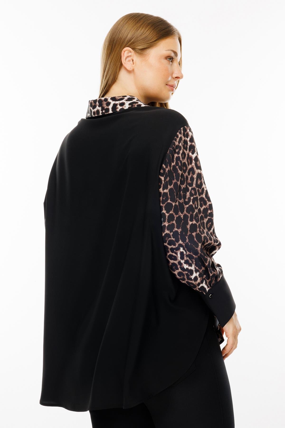 Modailgi  Leopar Desen Siyah Garnili Gömlek Siyah