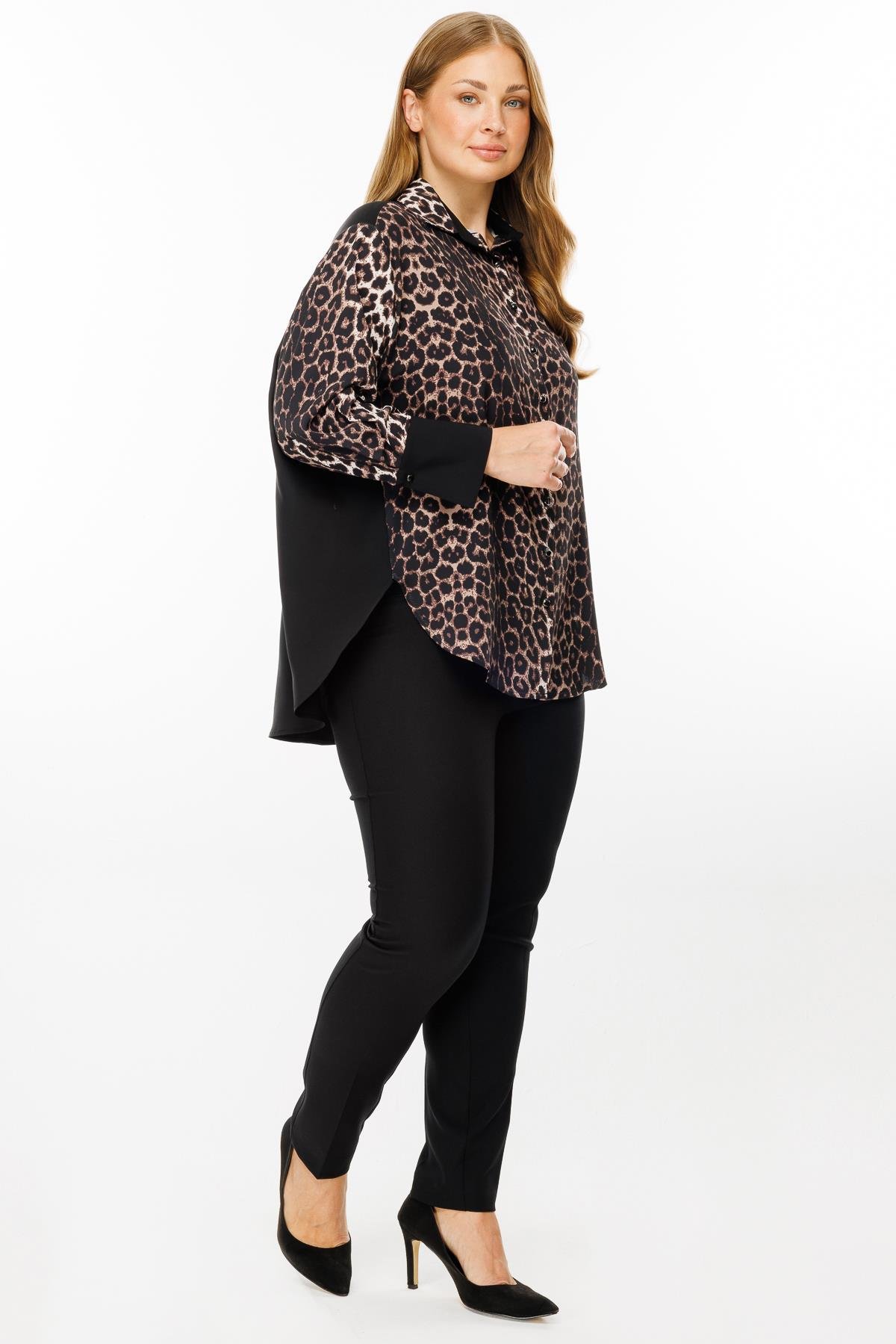 Modailgi  Leopar Desen Siyah Garnili Gömlek Siyah