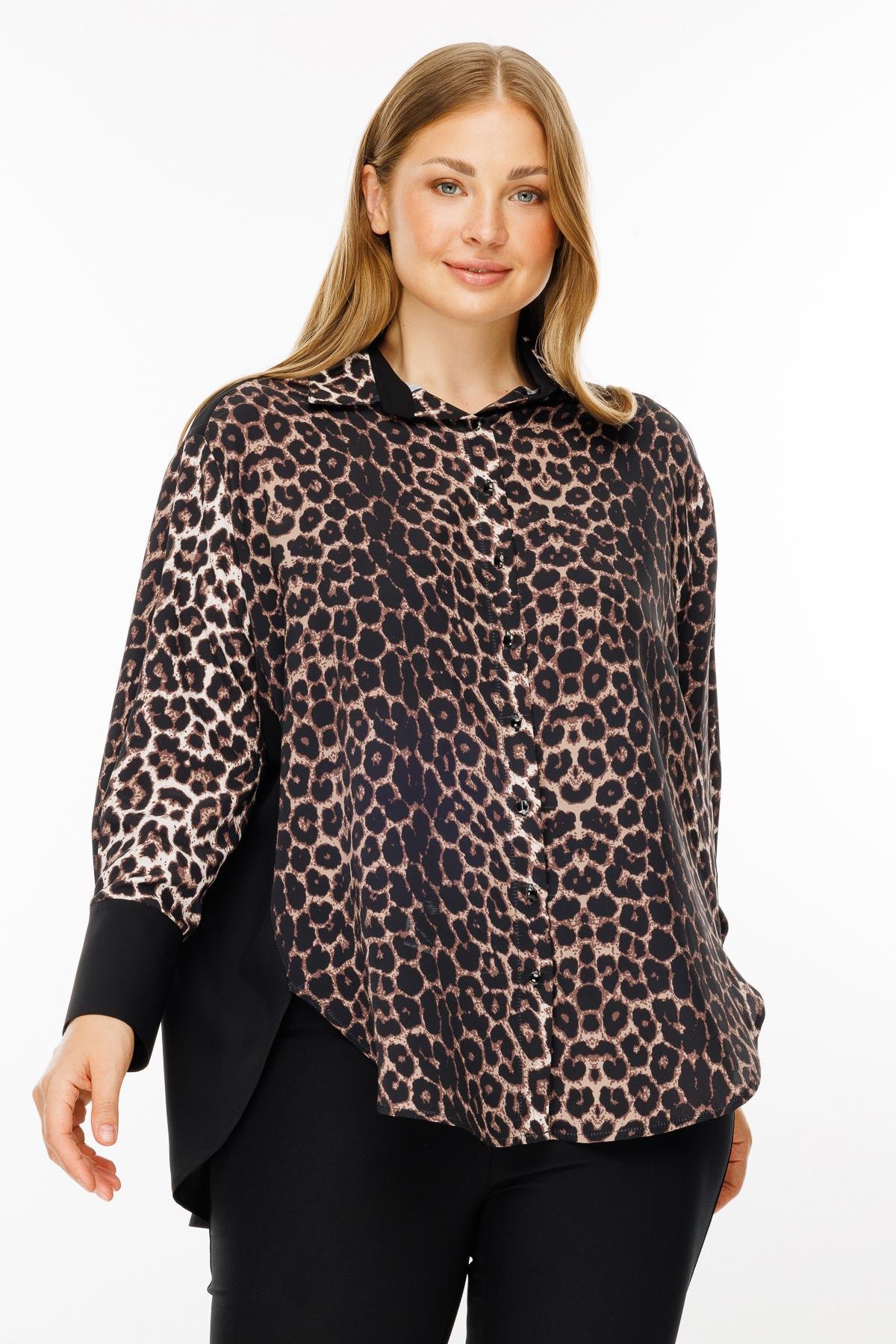 Modailgi  Leopar Desen Siyah Garnili Gömlek Siyah