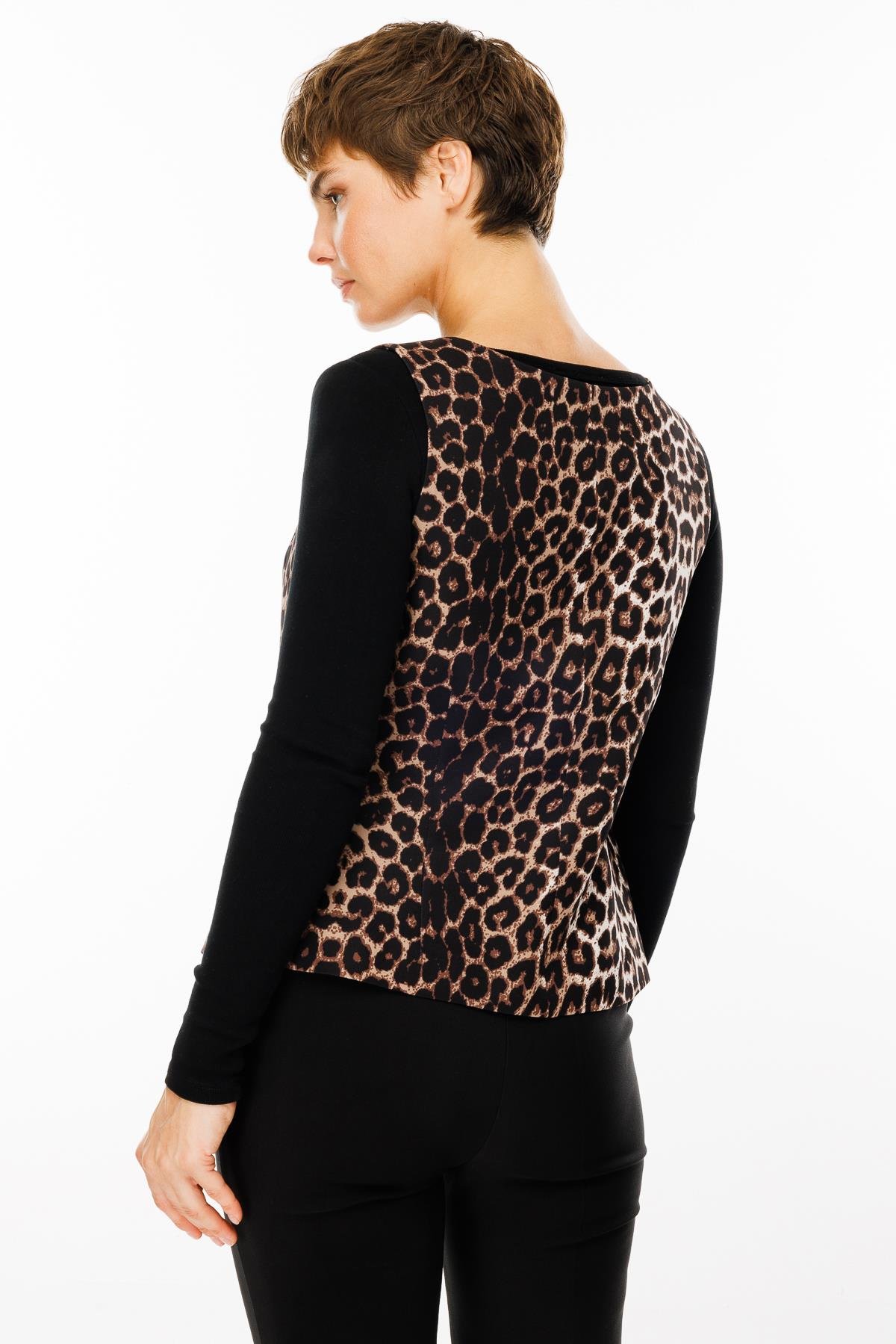 Modailgi  Leopar Desen U Yaka Düğme Kapamalı Torba Cepli Yelek Siyah