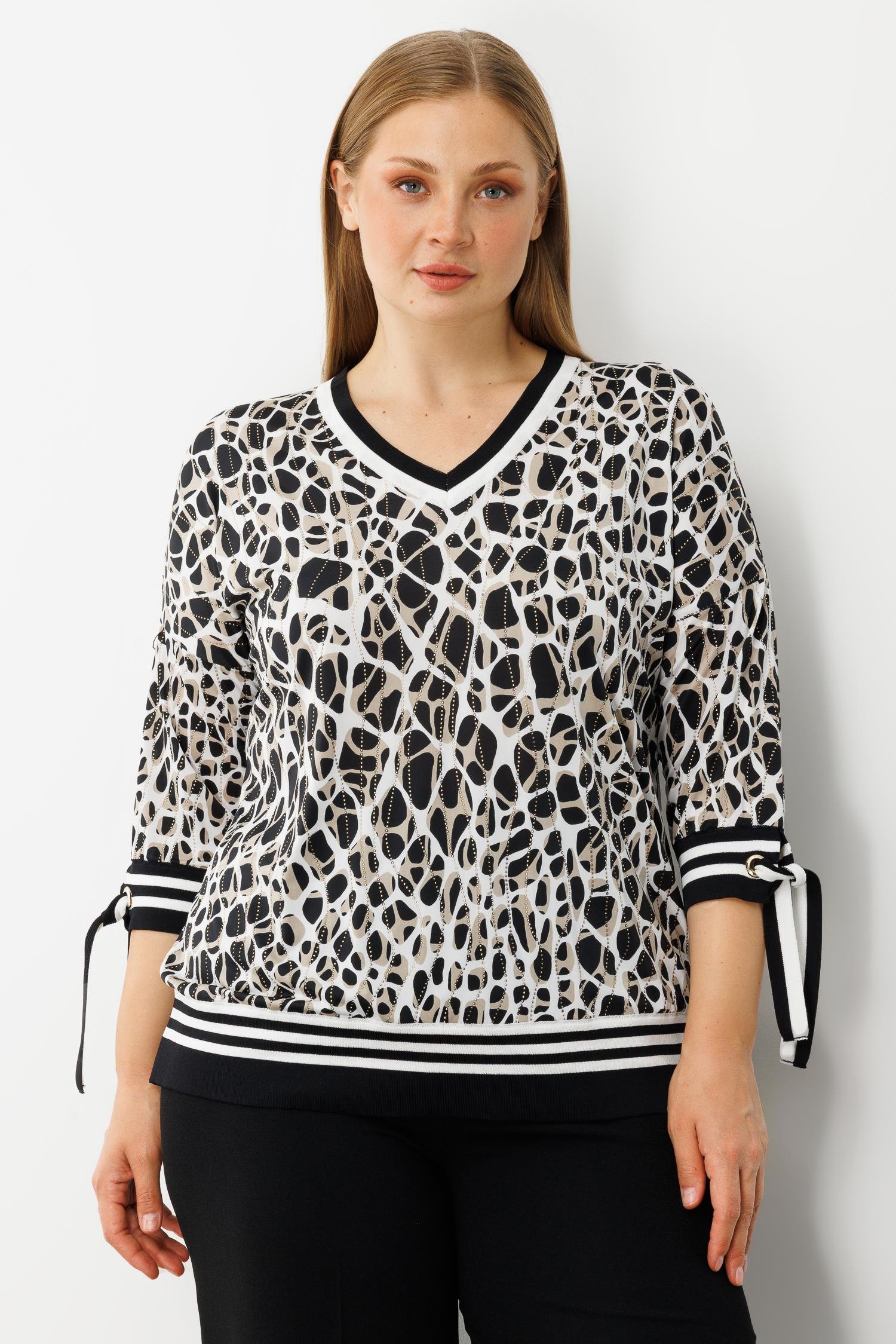 Modailgi  Leopar Desen V Yaka Kol Manşeti Bağcıklı Ribanalı Bluz Leopar