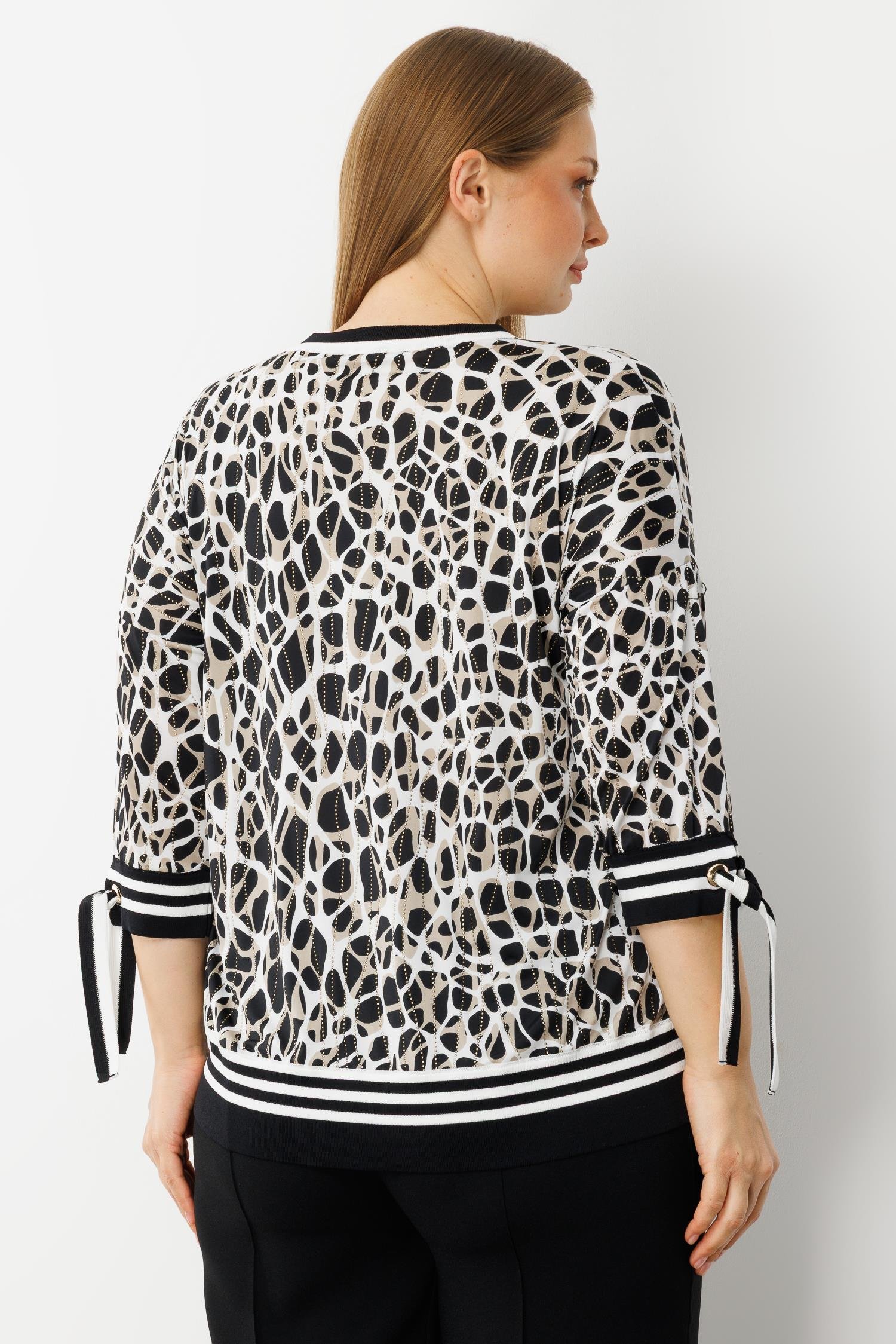 Modailgi  Leopar Desen V Yaka Kol Manşeti Bağcıklı Ribanalı Bluz Leopar