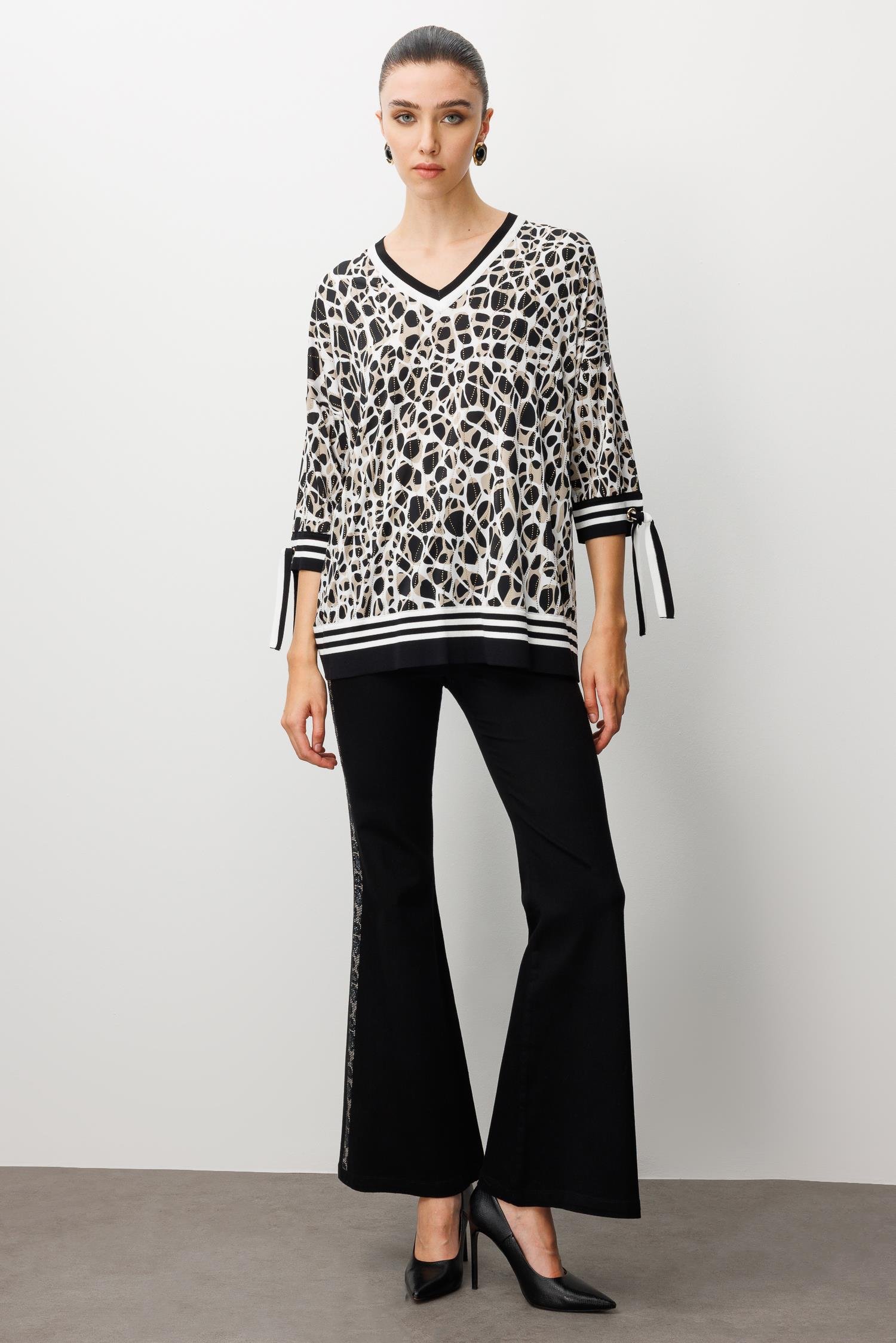 Modailgi  Leopar Desen V Yaka Kol Manşeti Bağcıklı Ribanalı Bluz Leopar