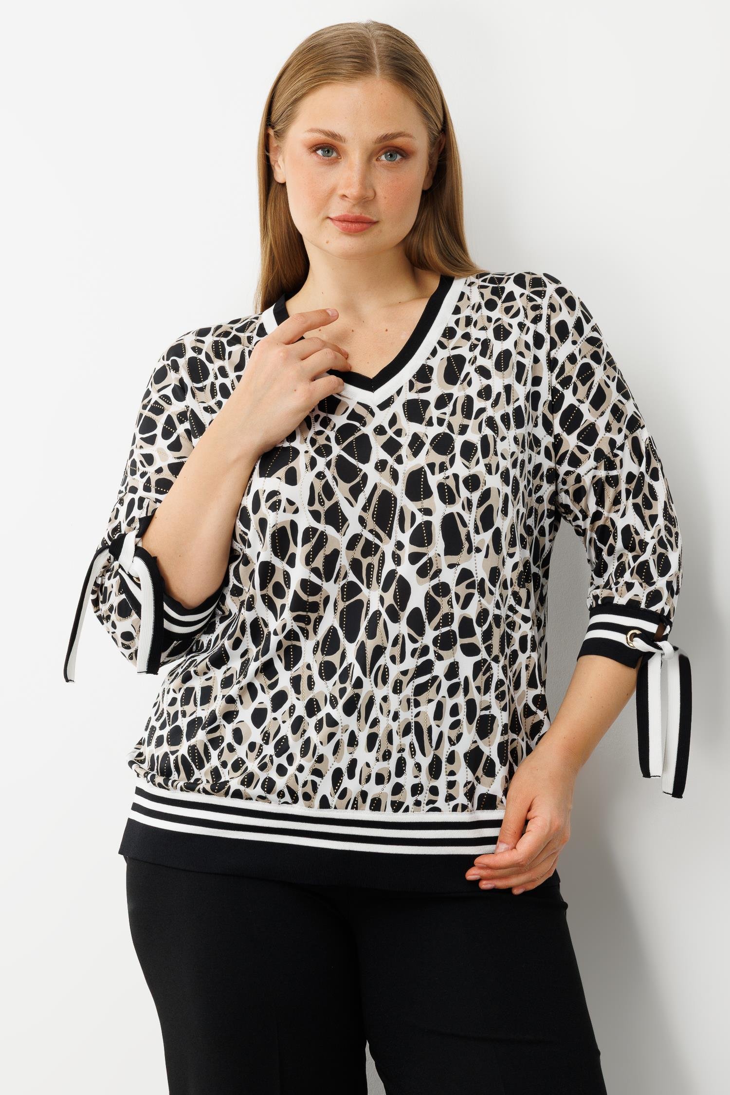 Modailgi  Leopar Desen V Yaka Kol Manşeti Bağcıklı Ribanalı Bluz Leopar