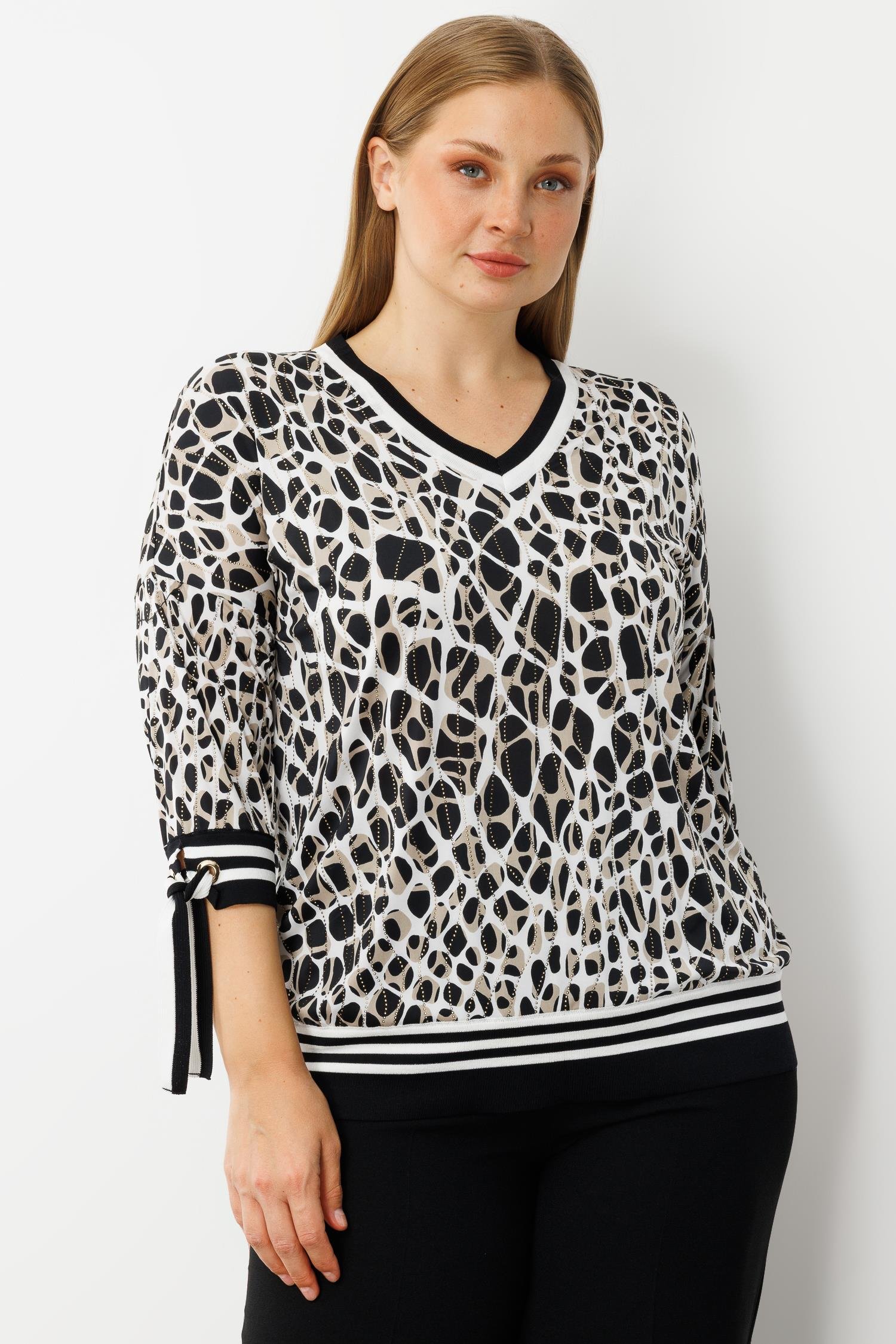 Modailgi  Leopar Desen V Yaka Kol Manşeti Bağcıklı Ribanalı Bluz Leopar