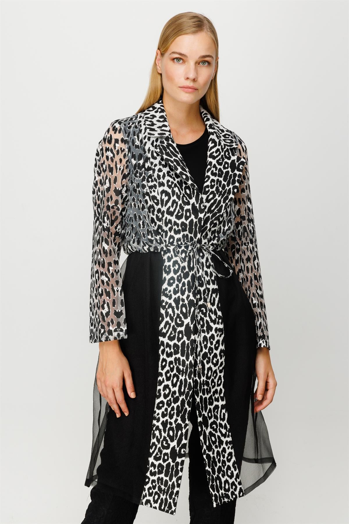 Modailgi  Leopar Desenli Organze Ceket Siyah