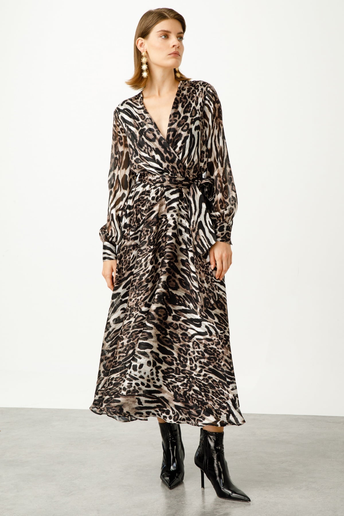 Modailgi  Leopar Emprime Kruvaze Uzun Elbise LEOPAR