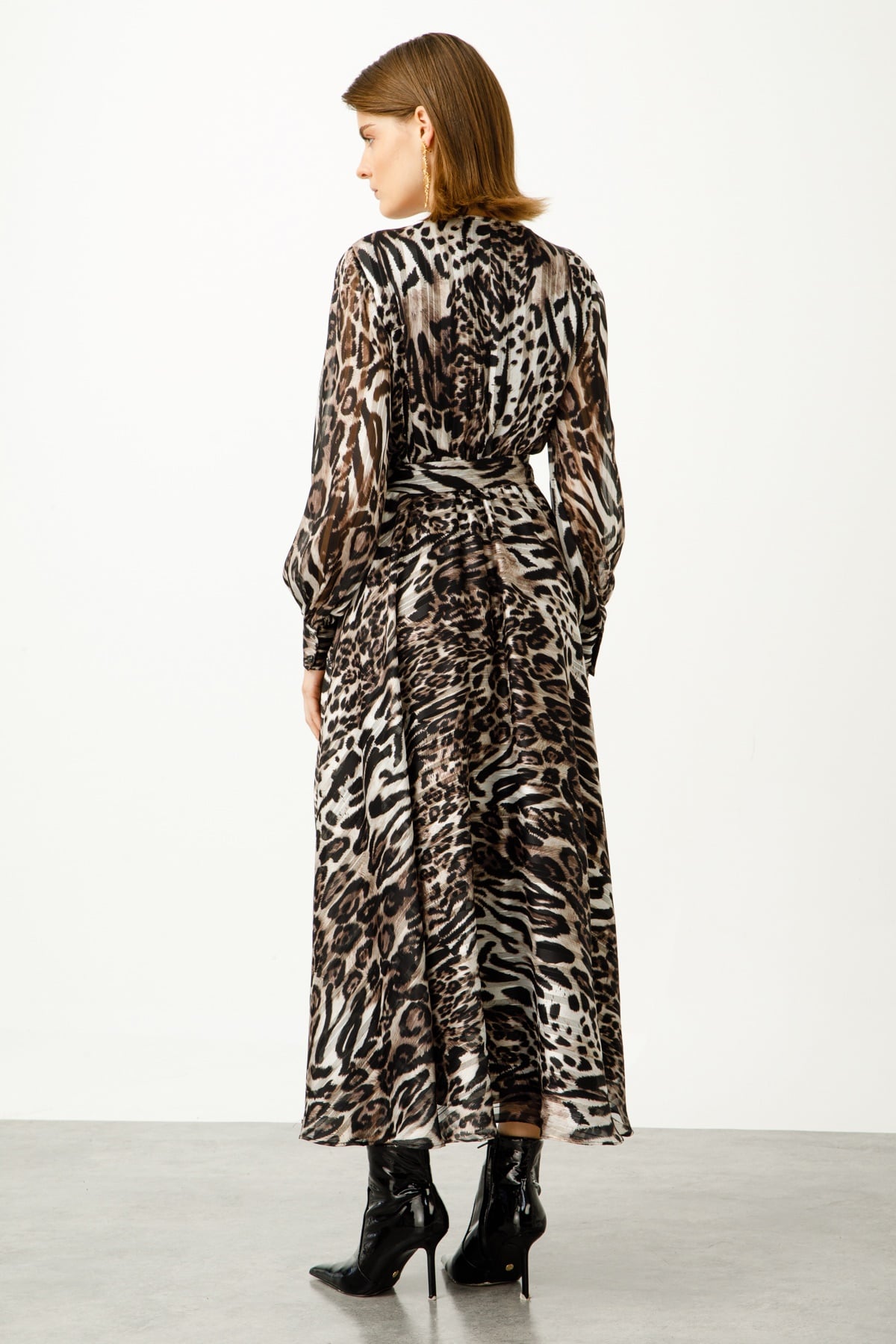 Modailgi  Leopar Emprime Kruvaze Uzun Elbise LEOPAR
