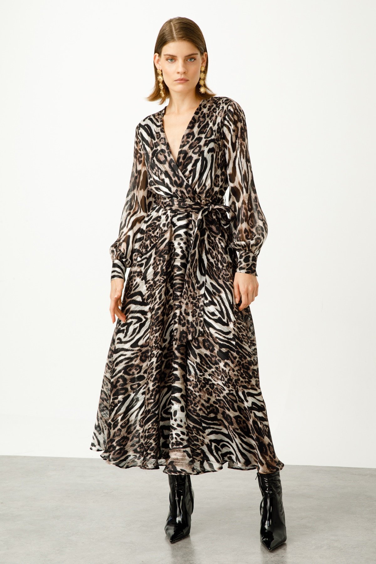 Modailgi  Leopar Emprime Kruvaze Uzun Elbise LEOPAR